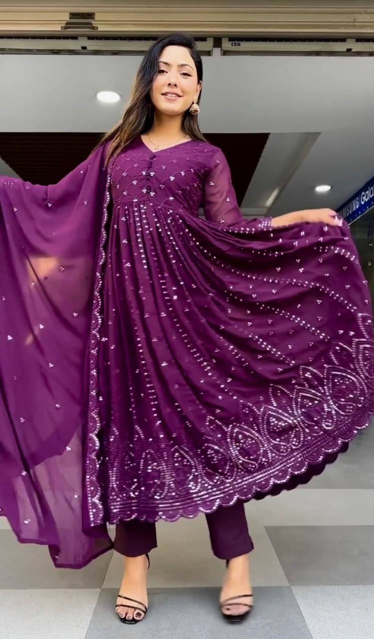 Wedding Wear purple Colour Embroidery With Sequence Work Long Gown