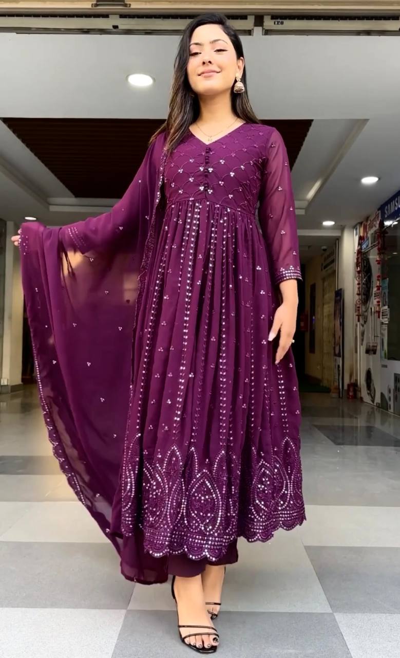 Wedding Wear purple Colour Embroidery With Sequence Work Long Gown