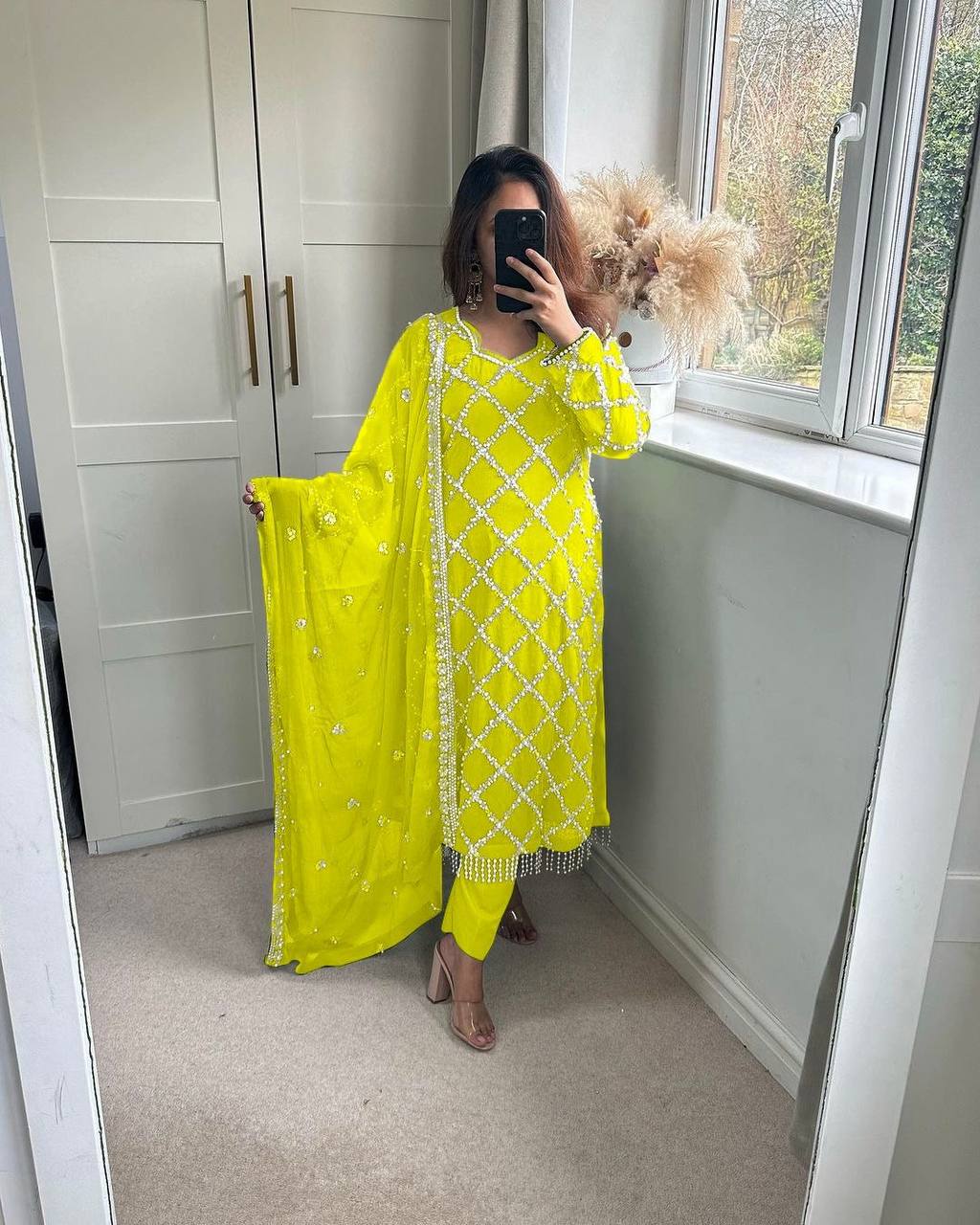 DESIRABLE FANCY FAUX GEORGETTE SEQUENCE EMBROIDERED WORK TOP AND PENT WITH DUPATTA