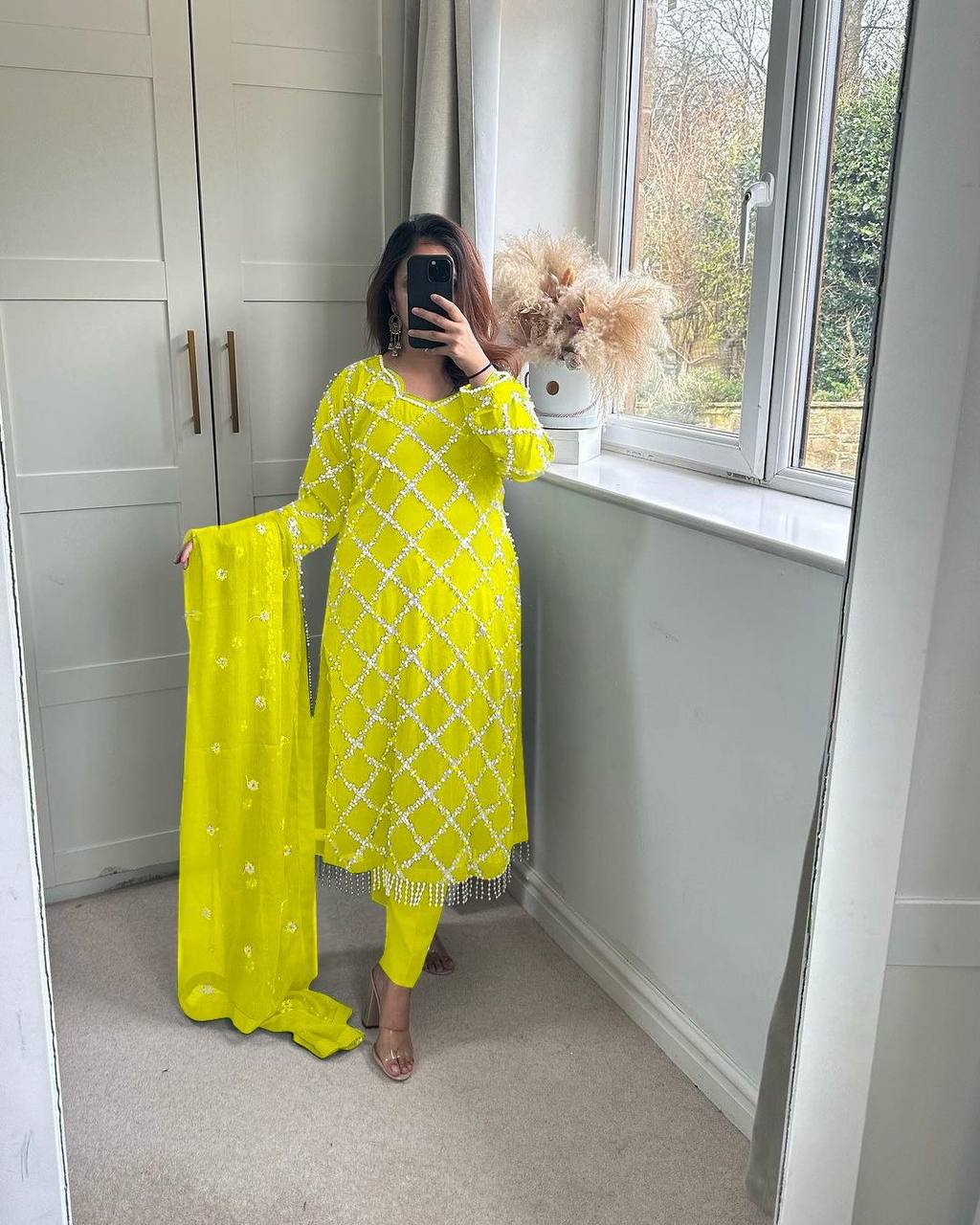 DESIRABLE FANCY FAUX GEORGETTE SEQUENCE EMBROIDERED WORK TOP AND PENT WITH DUPATTA