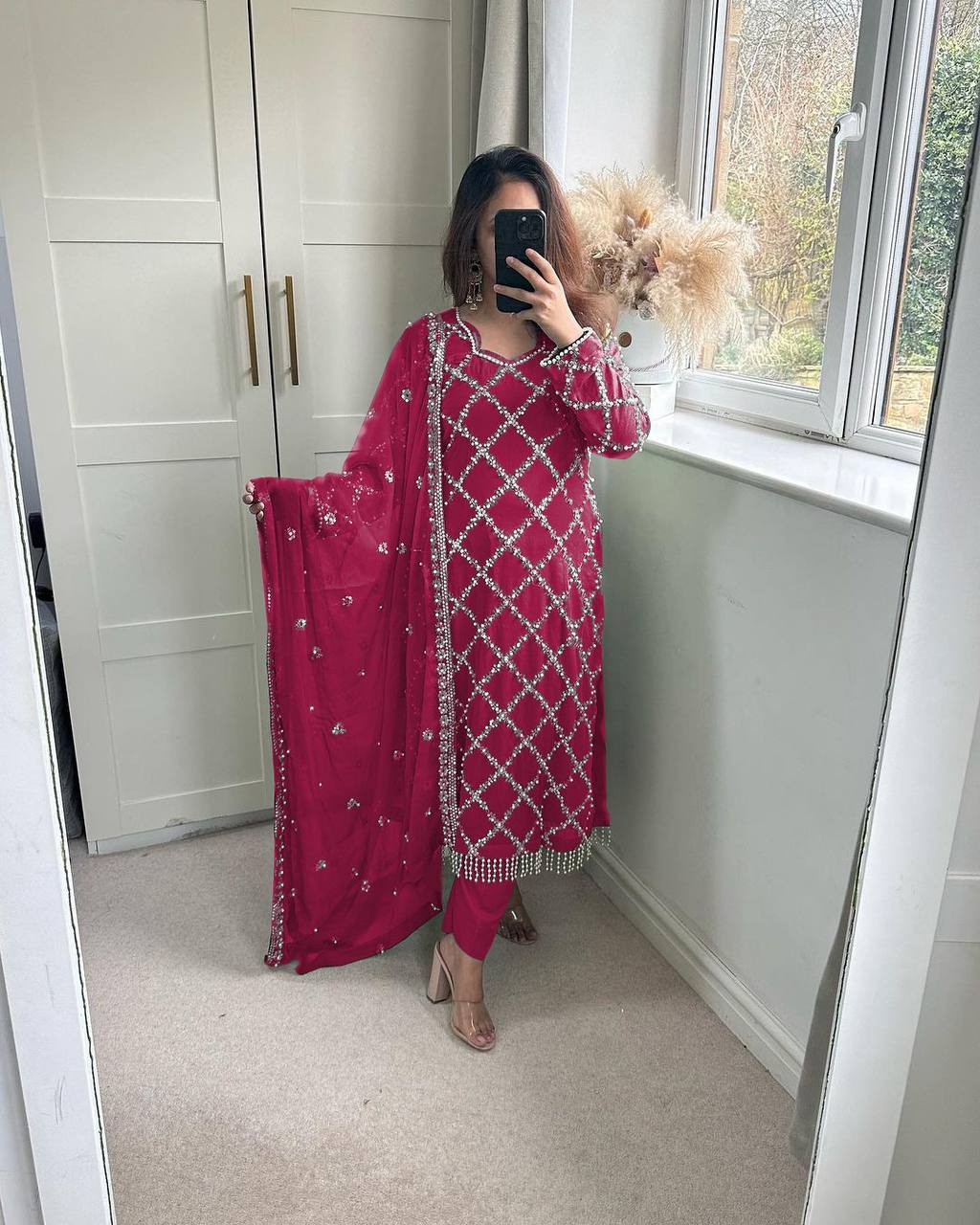 DESIRABLE FANCY FAUX GEORGETTE SEQUENCE EMBROIDERED WORK TOP AND PENT WITH DUPATTA