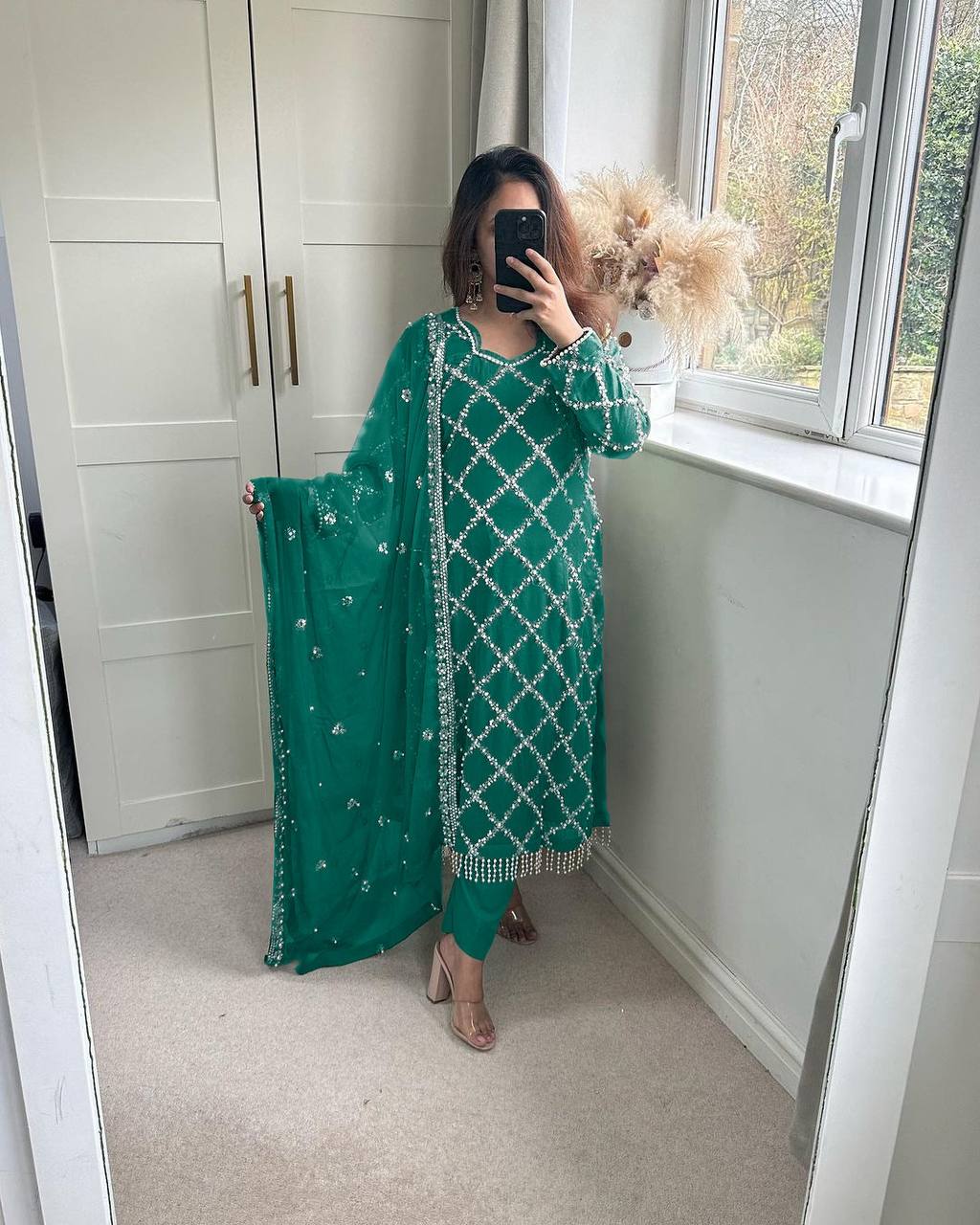 DESIRABLE FANCY FAUX GEORGETTE SEQUENCE EMBROIDERED WORK TOP AND PENT WITH DUPATTA