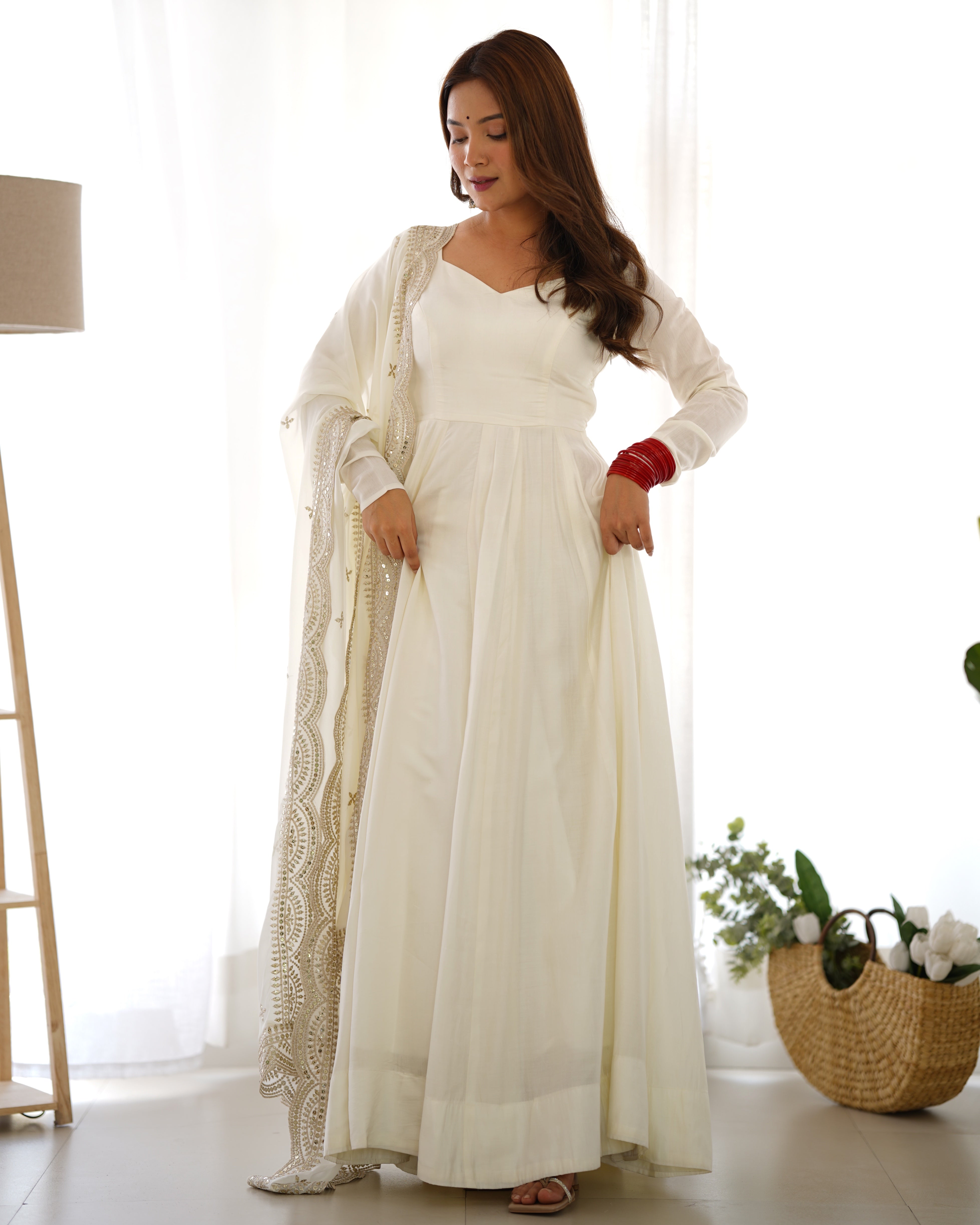 Chanderi Silk Off White Anarkali Gown With Pant & Dupatta Set