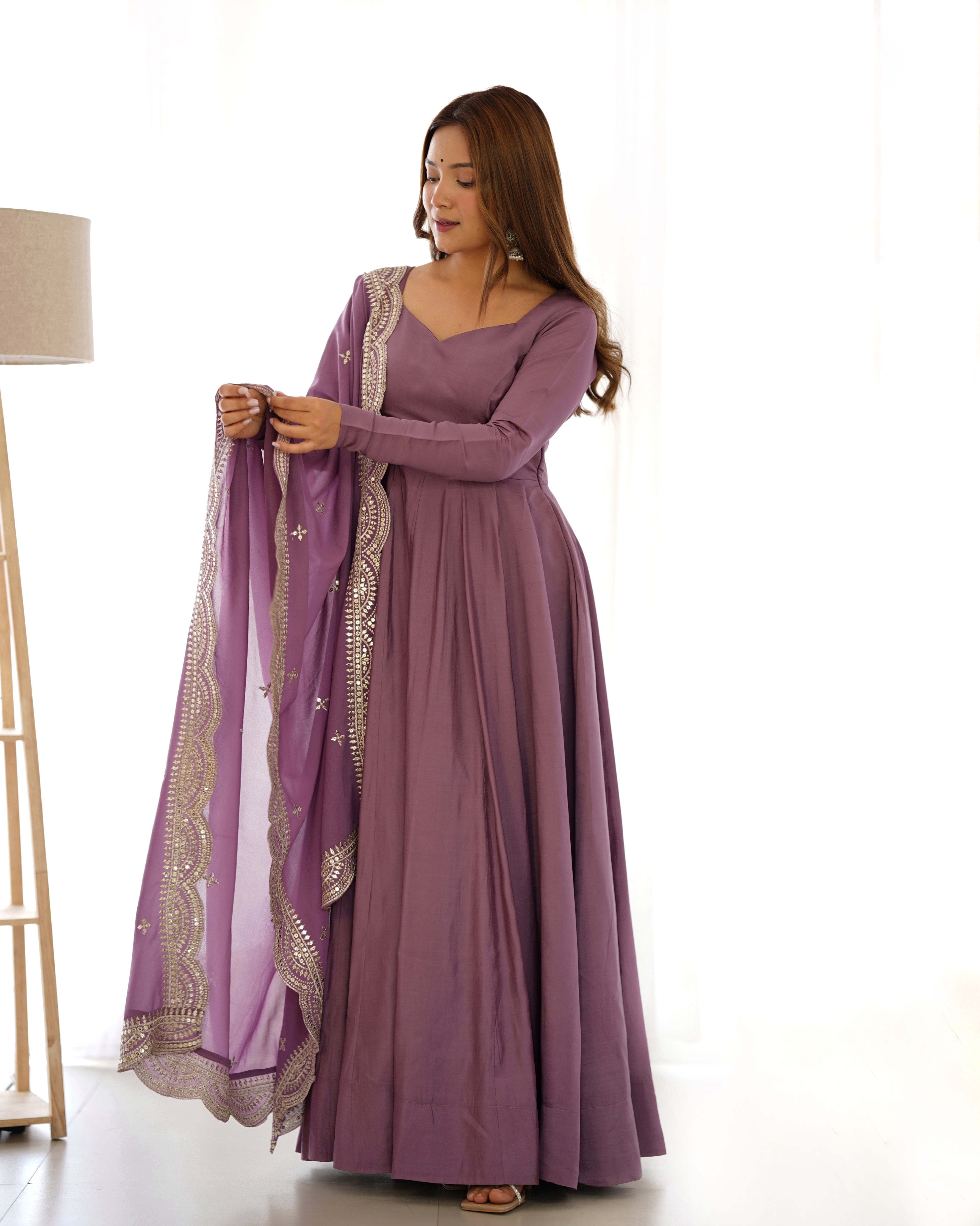 Mauve Chanderi Silk Anarkali Gown With Pant & Dupatta Set