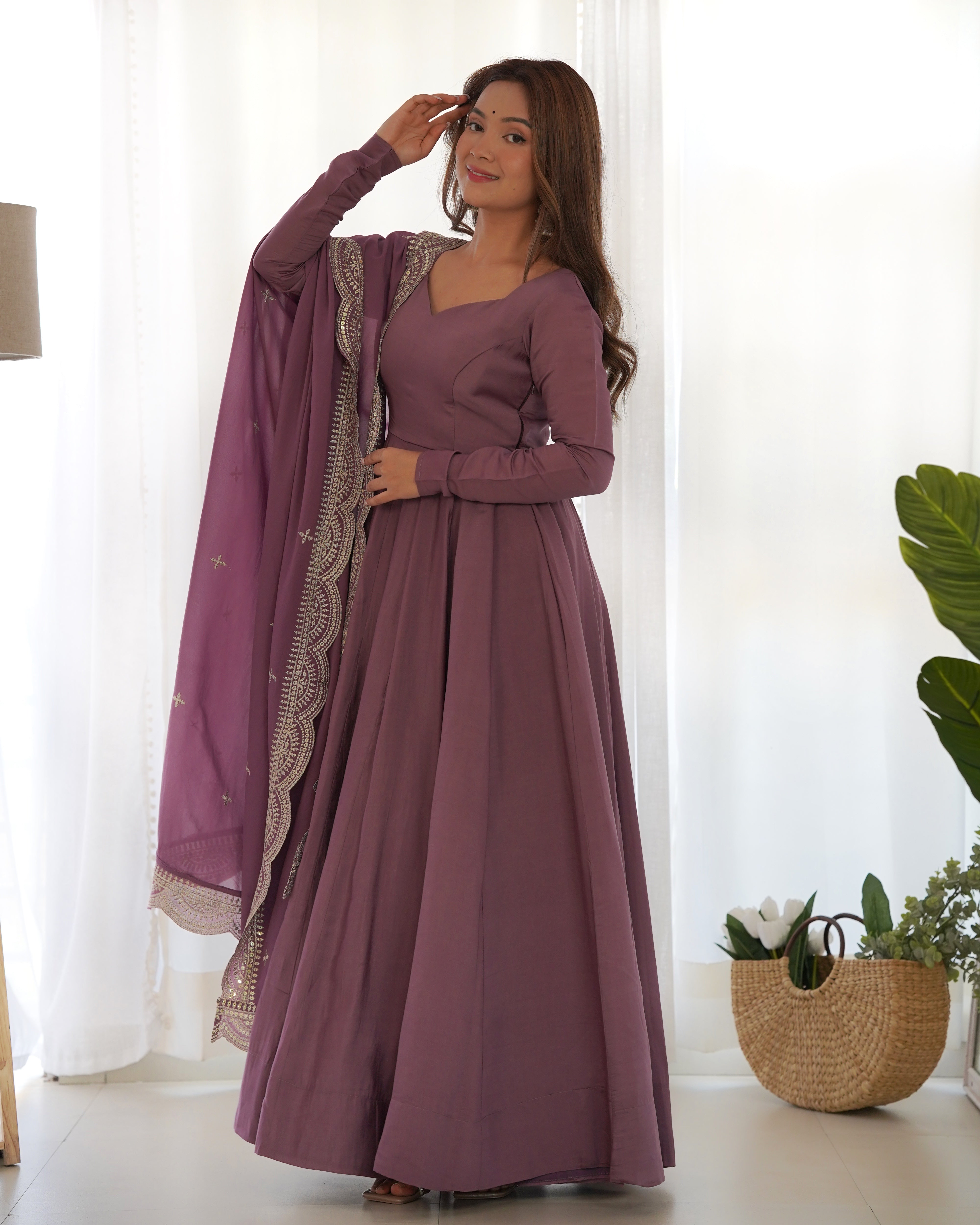 Mauve Chanderi Silk Anarkali Gown With Pant & Dupatta Set