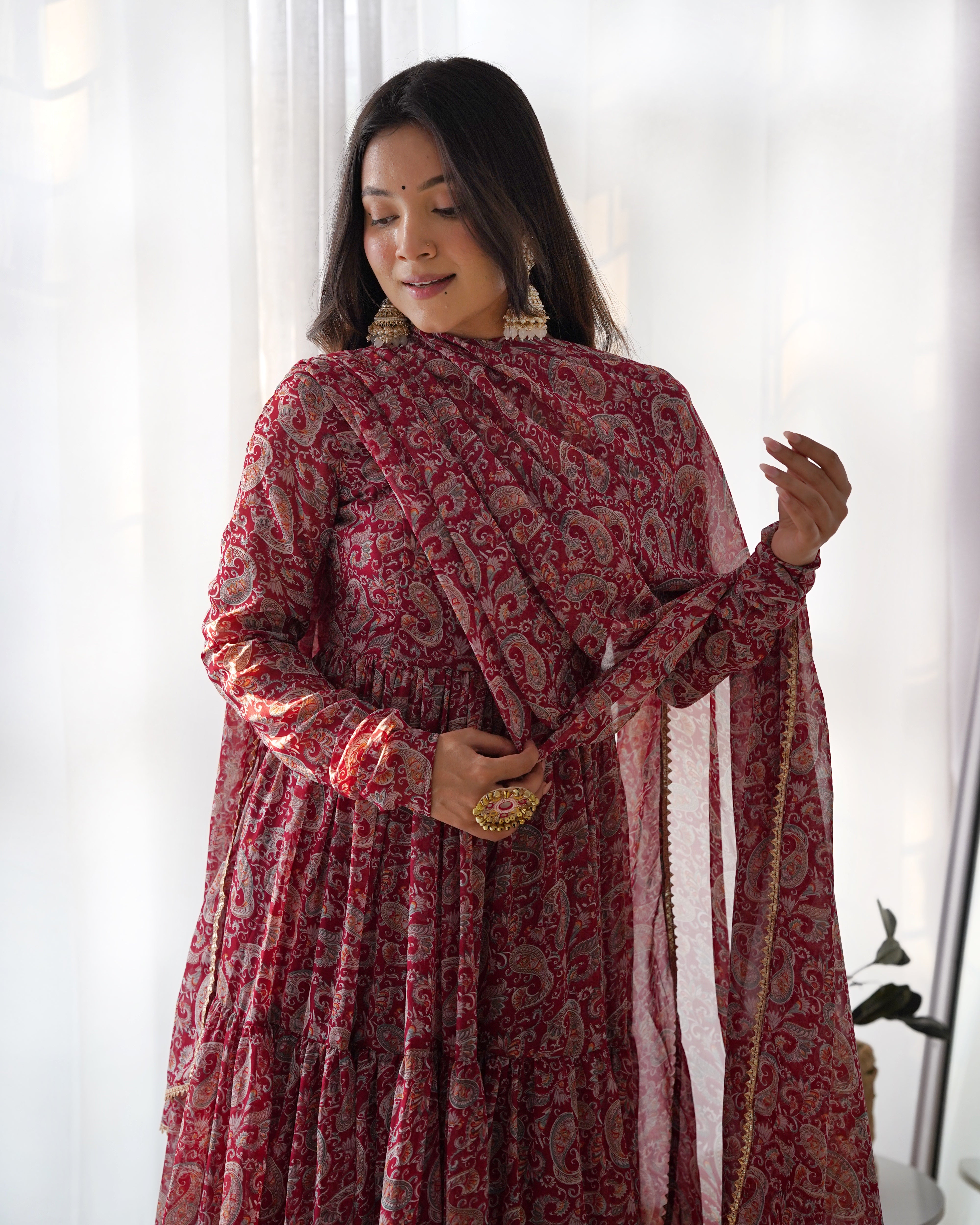 Layered Maroon Printed Anarkali Gown With Pant & Dupatta Set