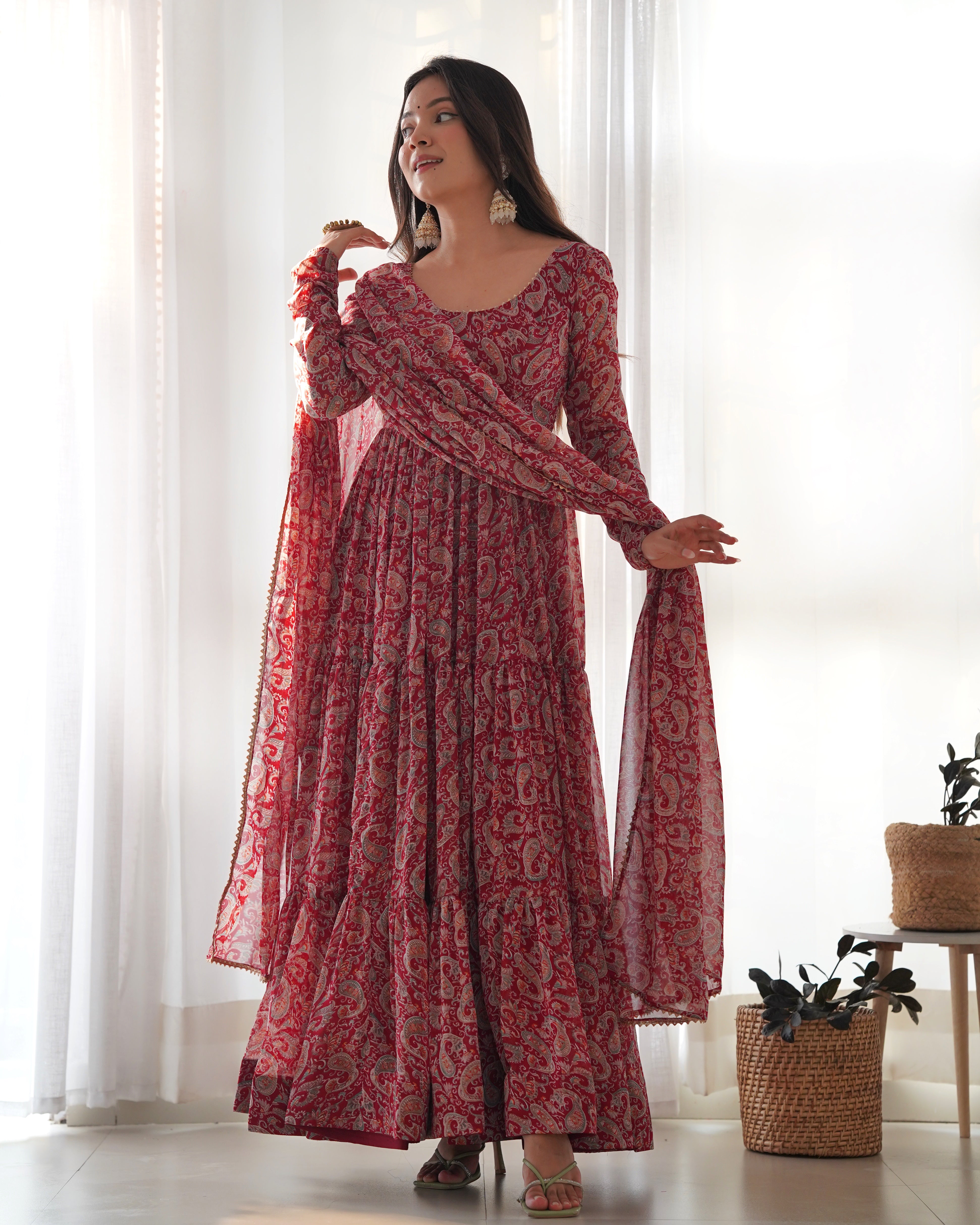 Layered Maroon Printed Anarkali Gown With Pant & Dupatta Set