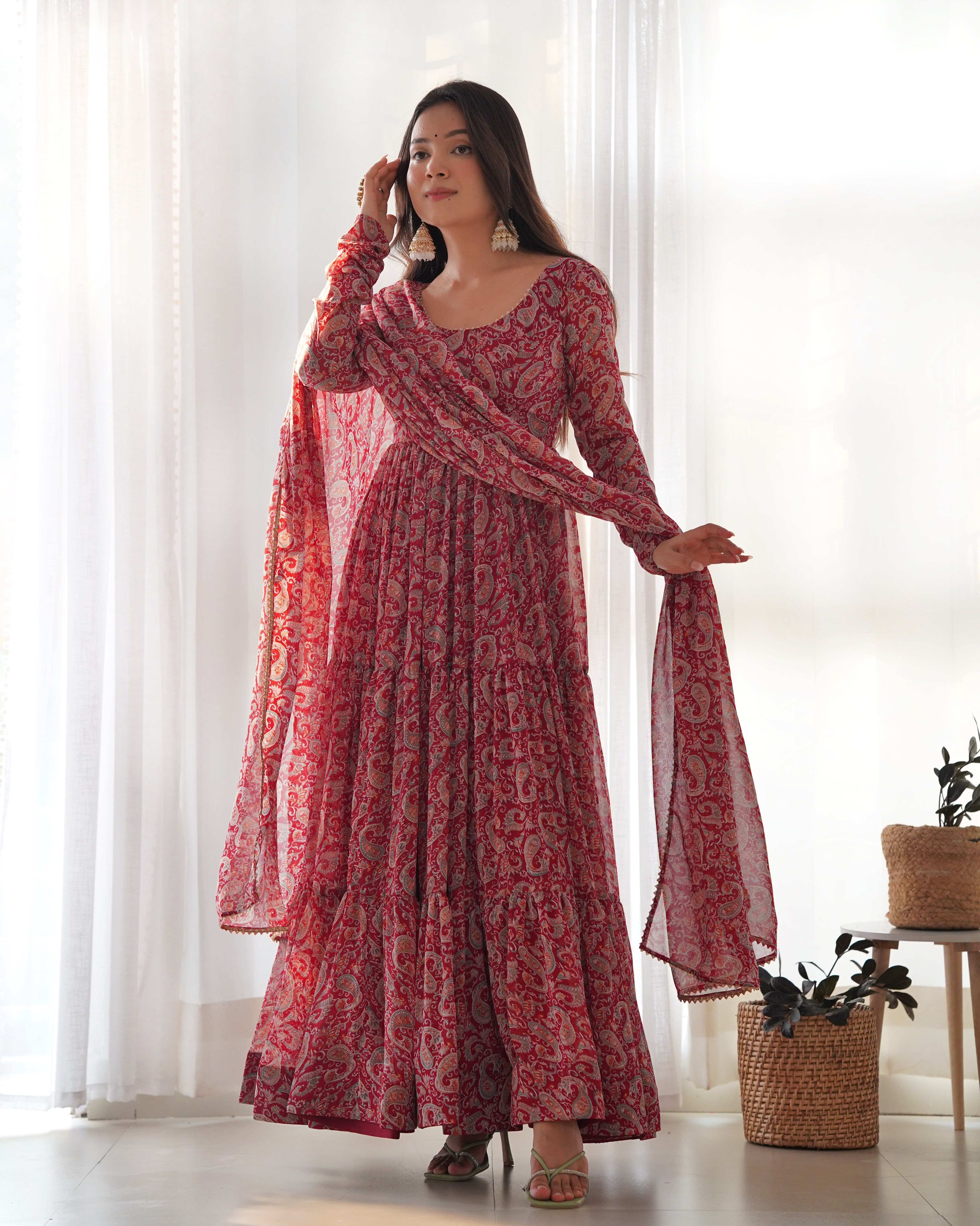 Layered Maroon Printed Anarkali Gown With Pant & Dupatta Set