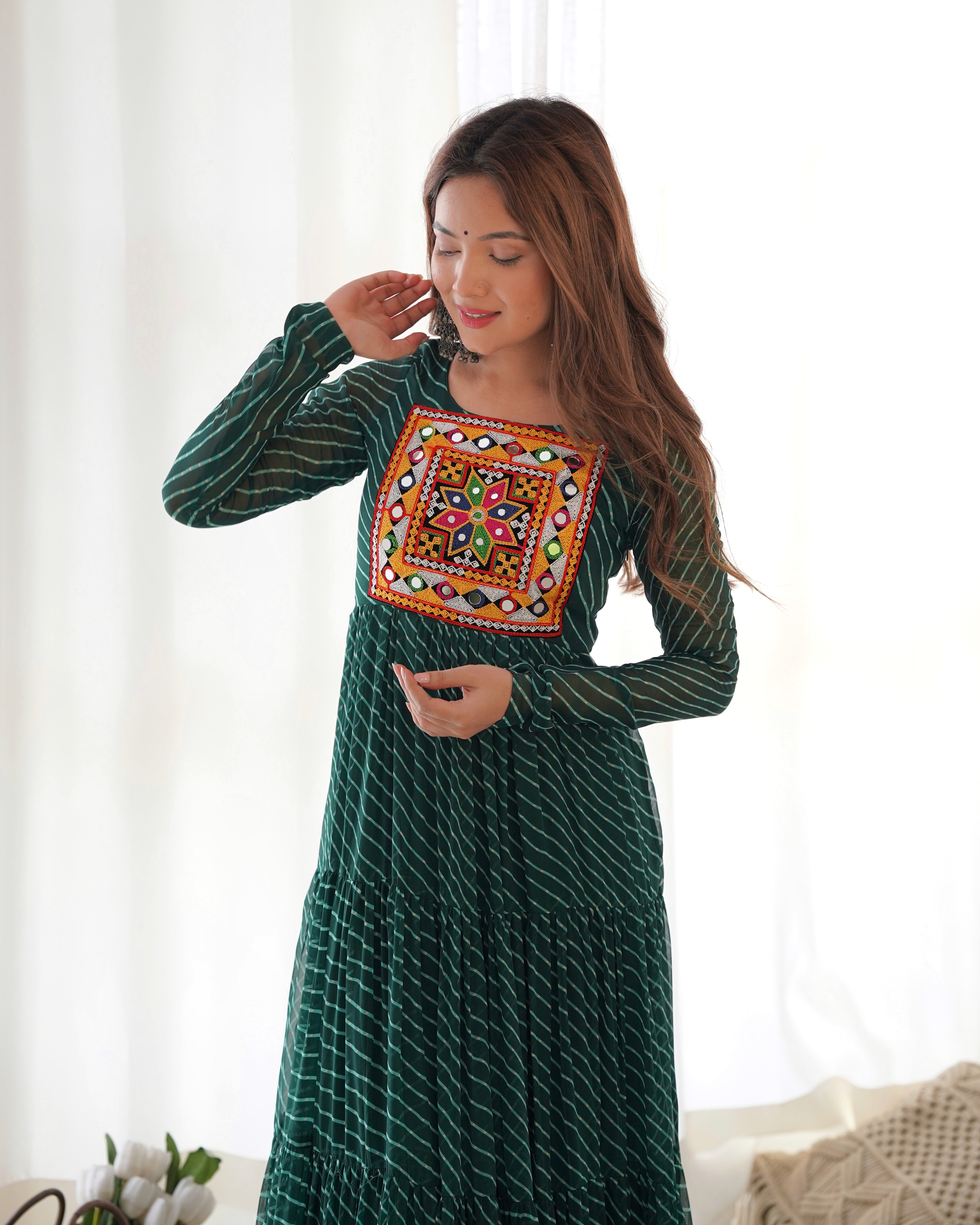 Layered Bottle Green Embroidered & Printed Anarkali Gown