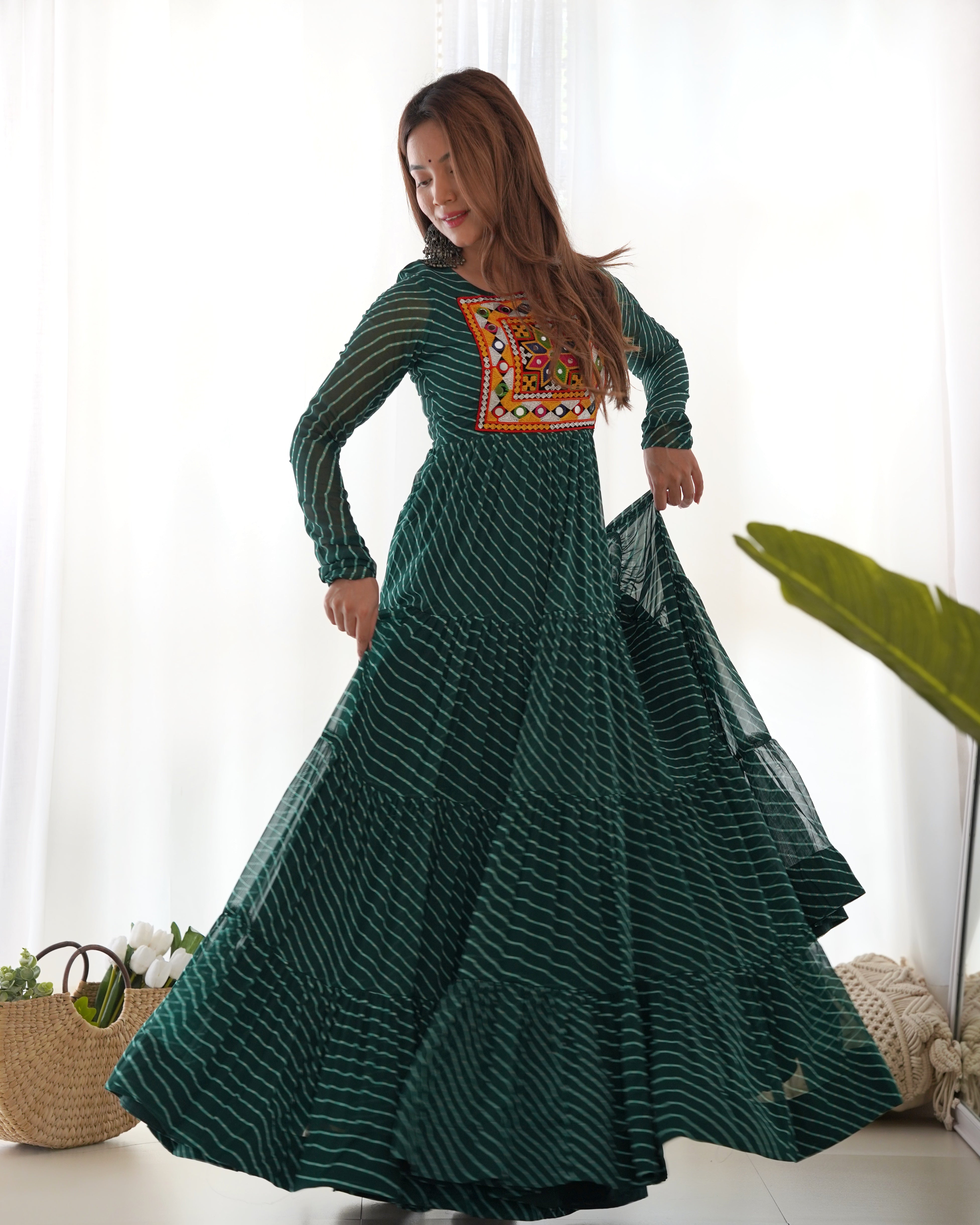 Layered Bottle Green Embroidered & Printed Anarkali Gown