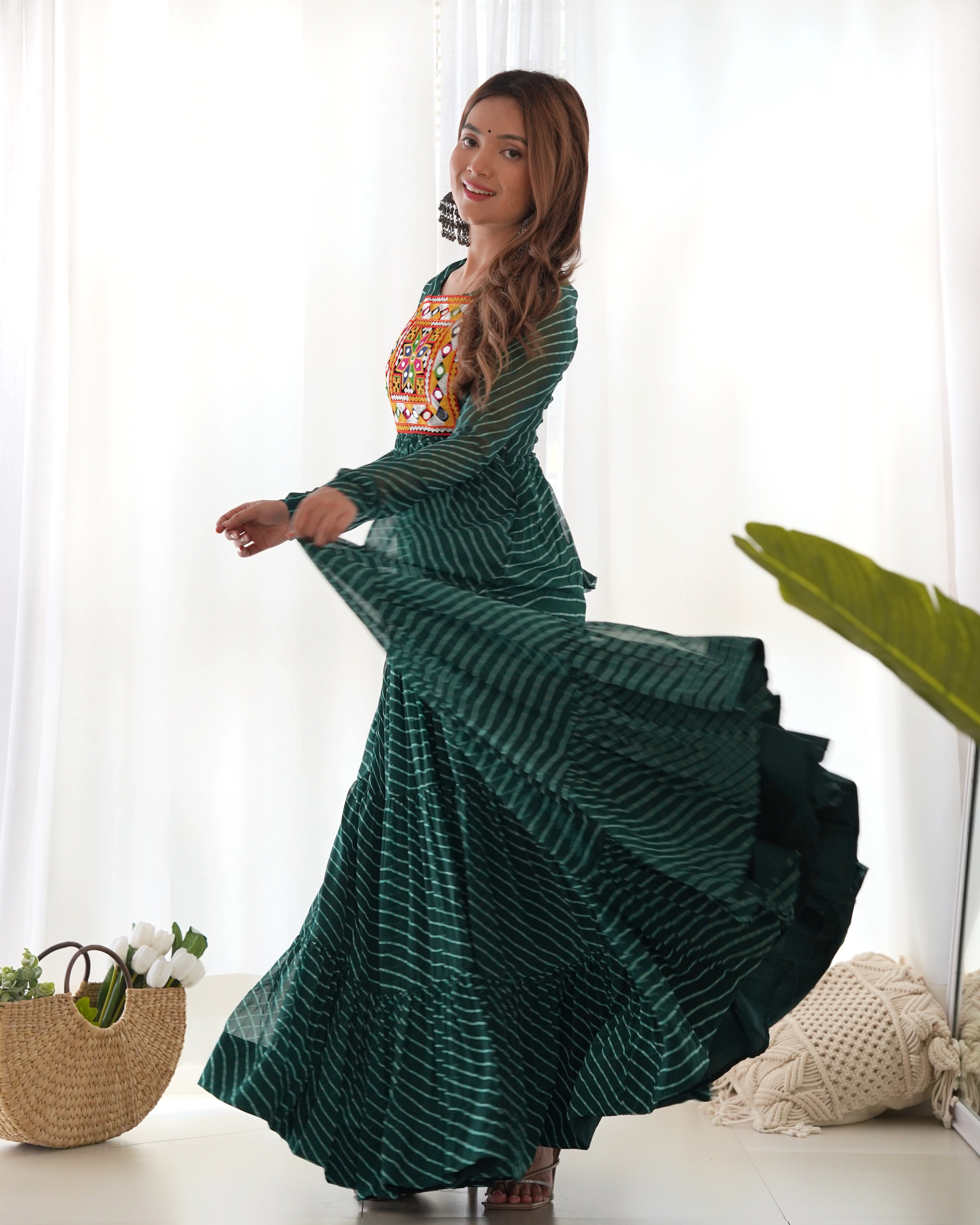 Layered Bottle Green Embroidered & Printed Anarkali Gown