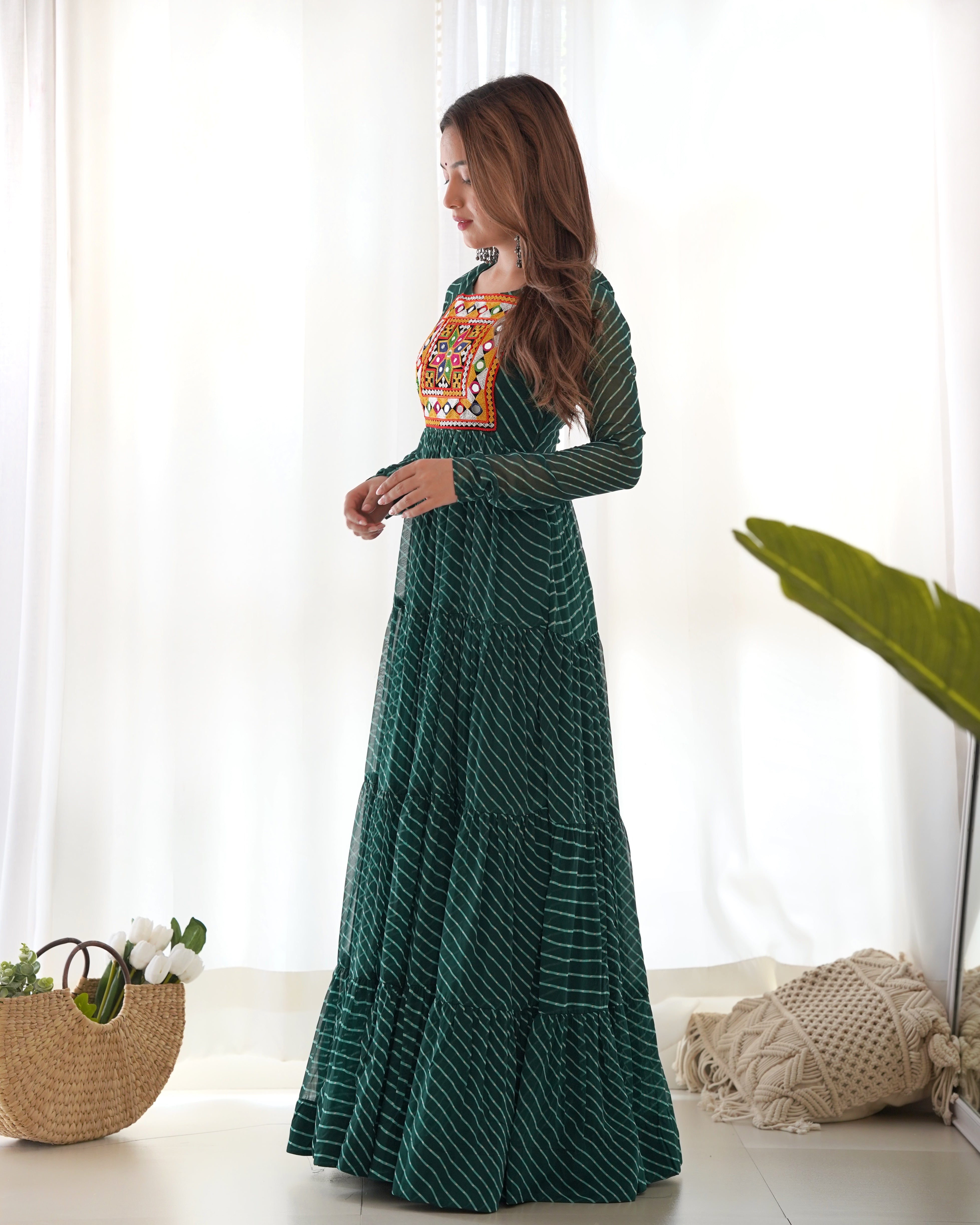 Layered Bottle Green Embroidered & Printed Anarkali Gown