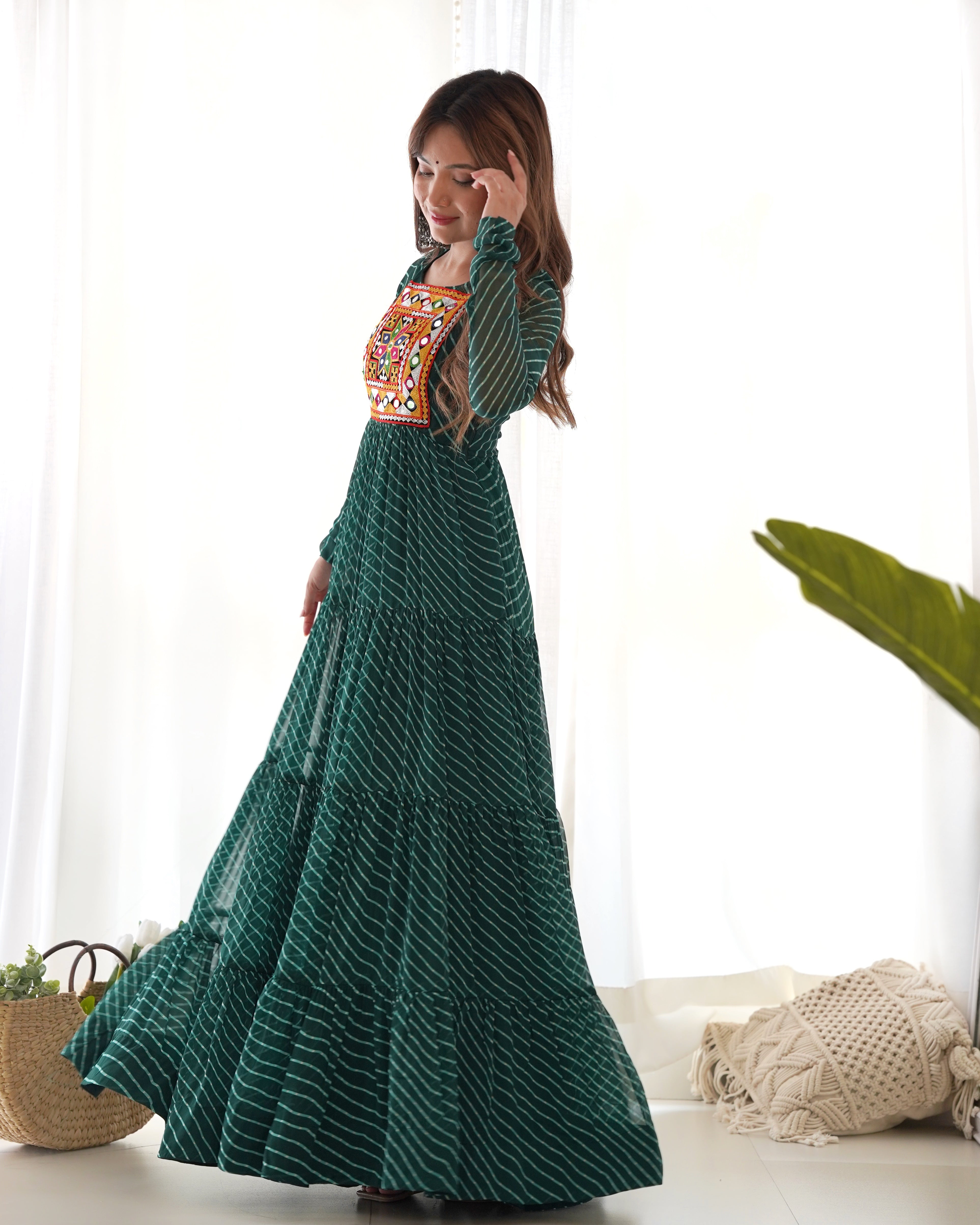 Layered Bottle Green Embroidered & Printed Anarkali Gown