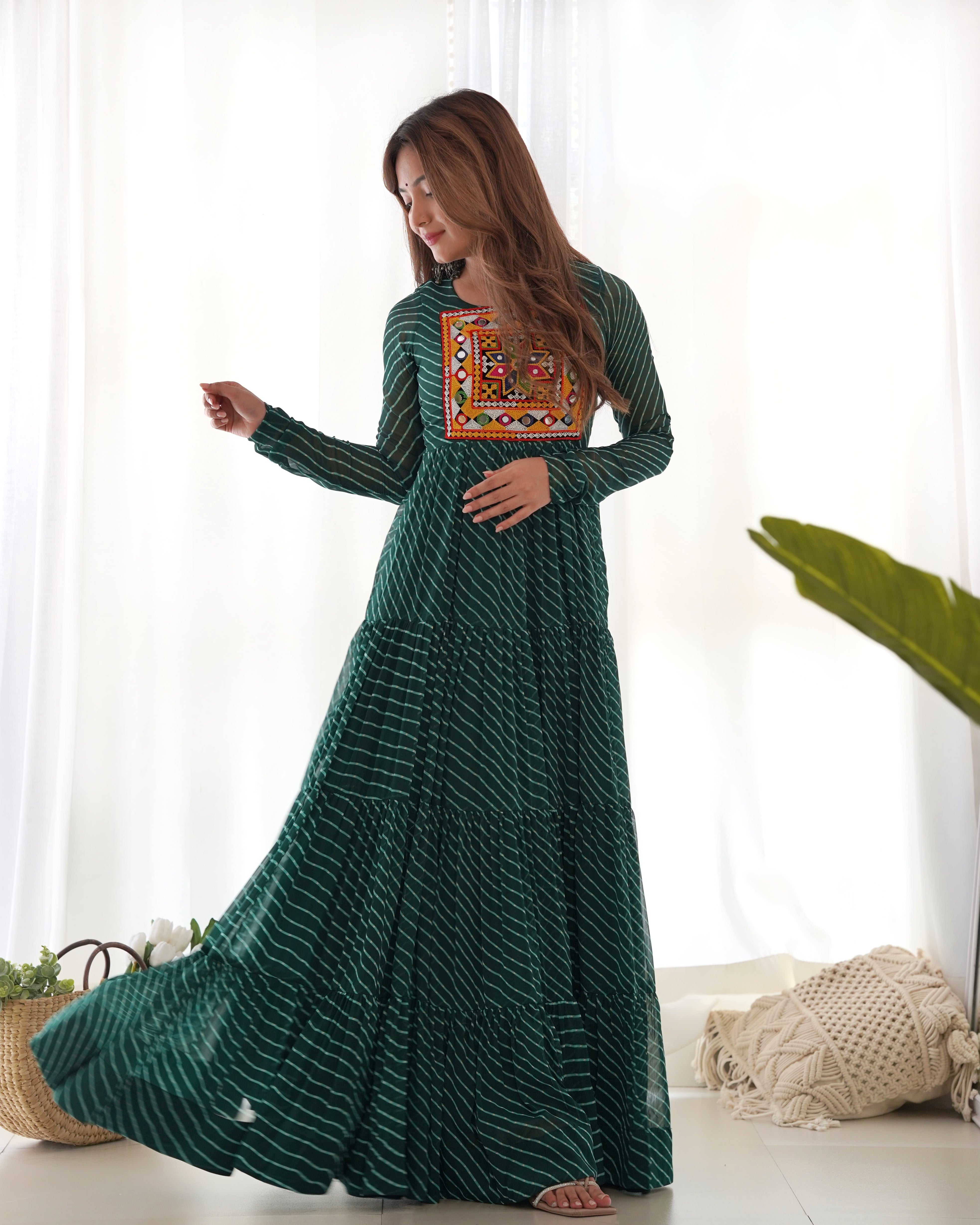 Layered Bottle Green Embroidered & Printed Anarkali Gown