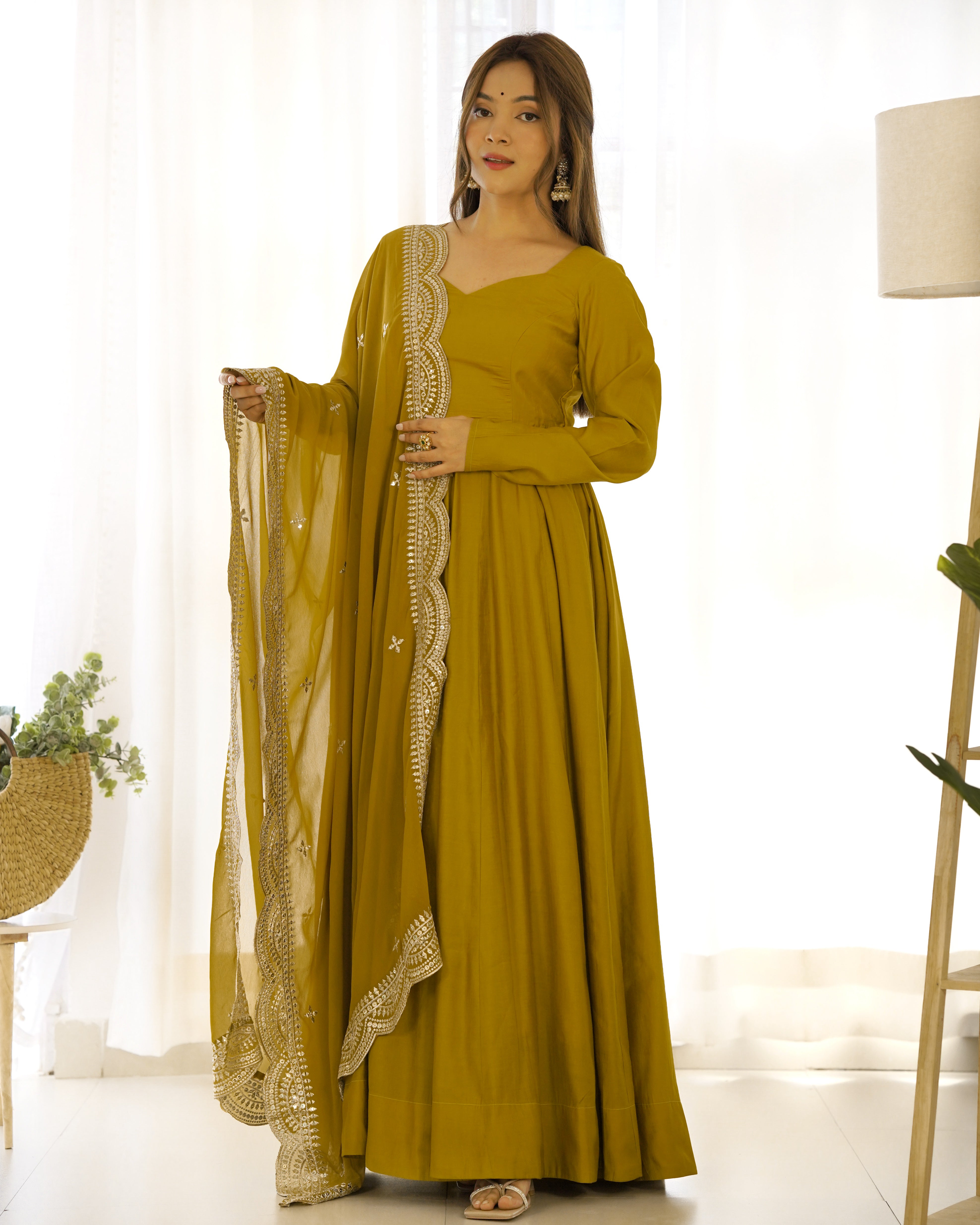 Mustard Chanderi Silk Anarkali Gown With Pant & Dupatta Set