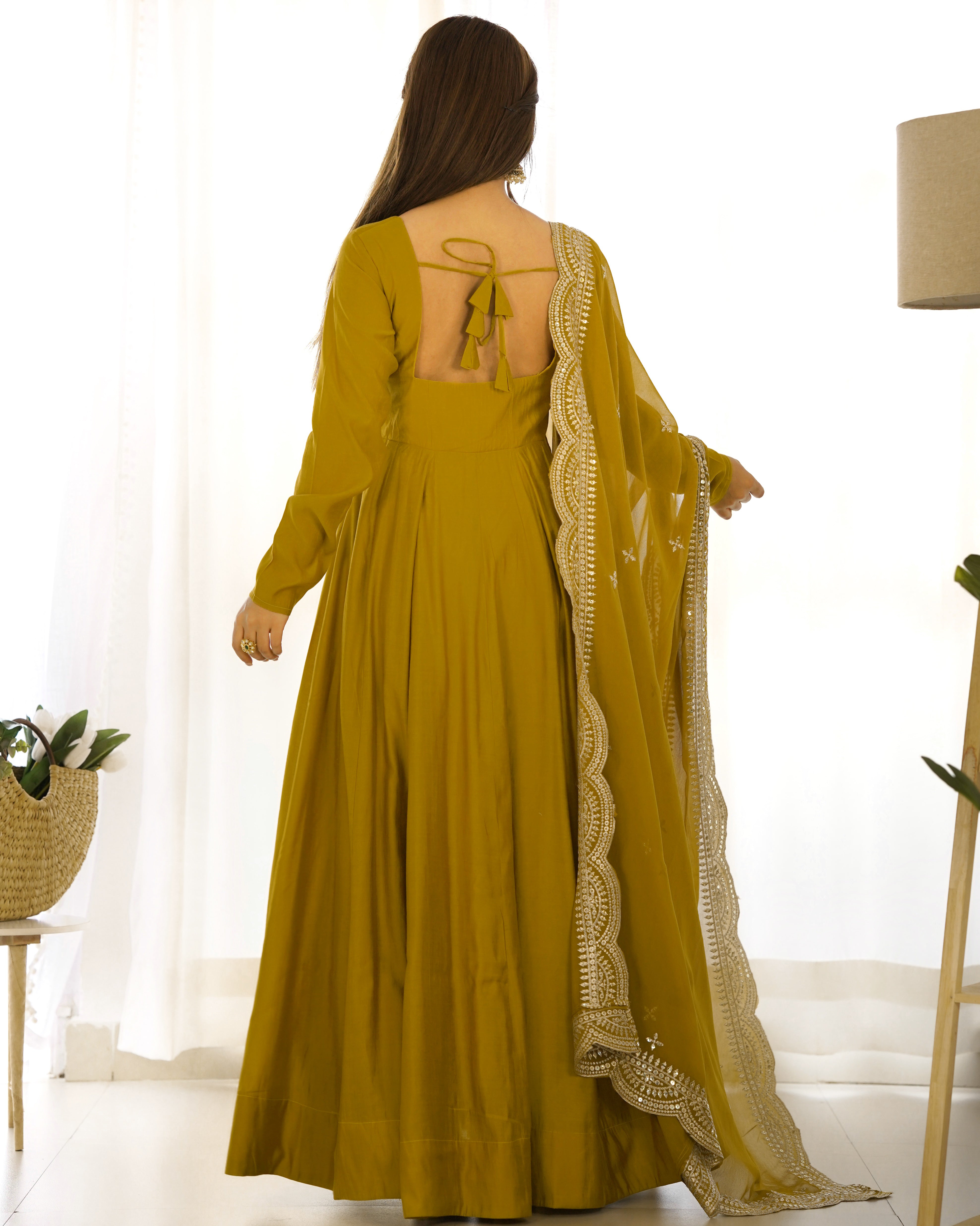 Mustard Chanderi Silk Anarkali Gown With Pant & Dupatta Set