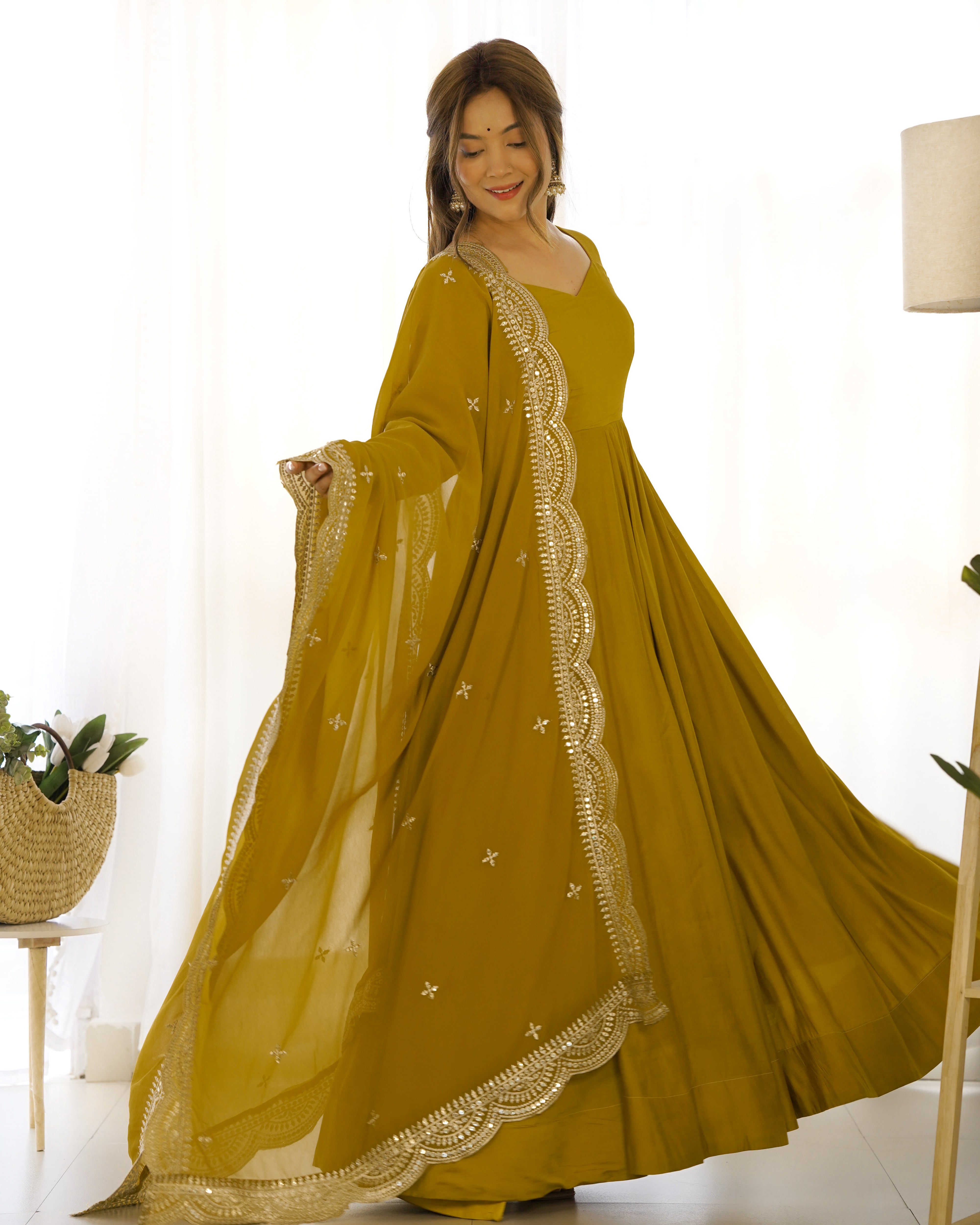 Mustard Chanderi Silk Anarkali Gown With Pant & Dupatta Set