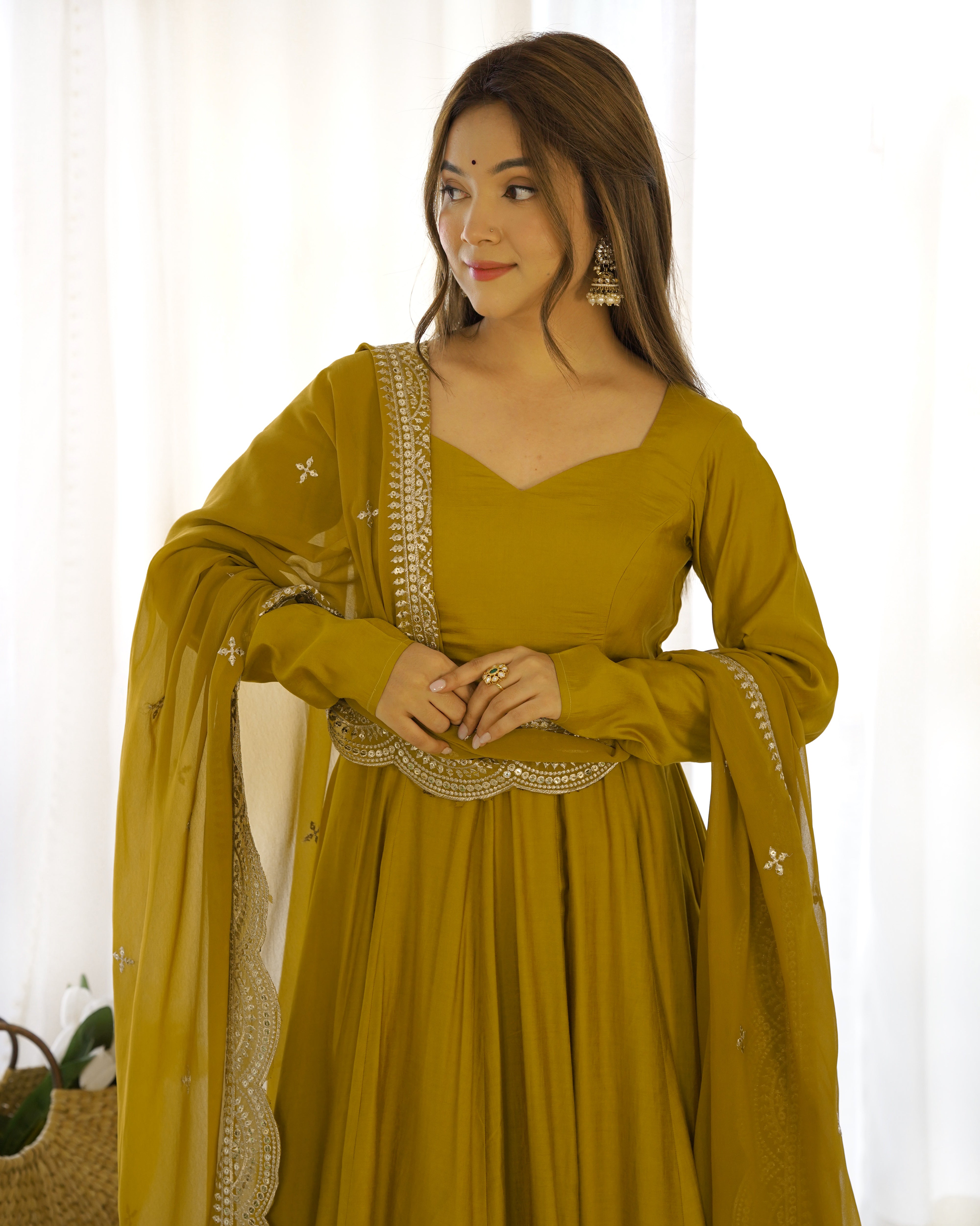 Mustard Chanderi Silk Anarkali Gown With Pant & Dupatta Set