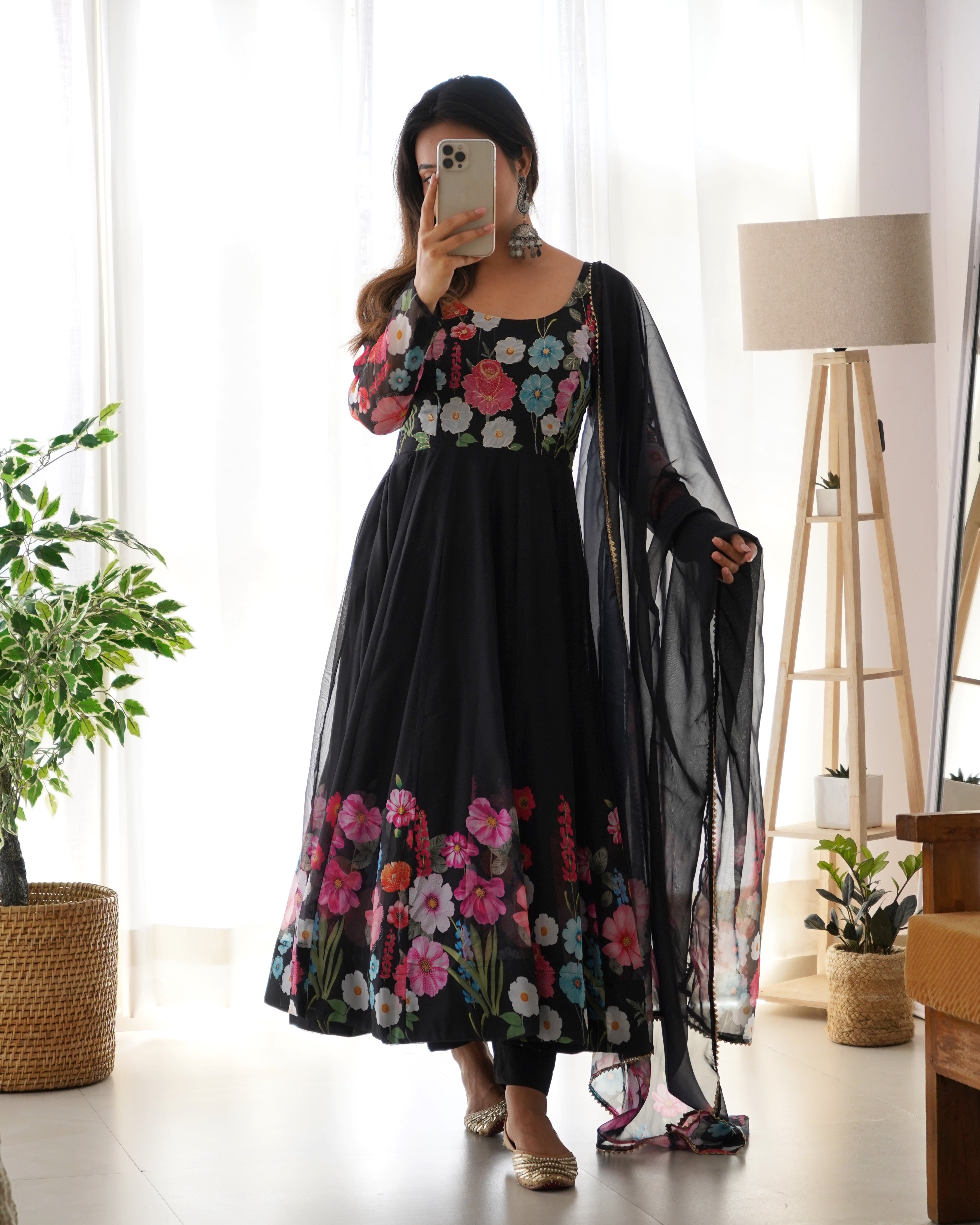 Flower Black Printed Anarkali Gown With Pant & Dupatta Set