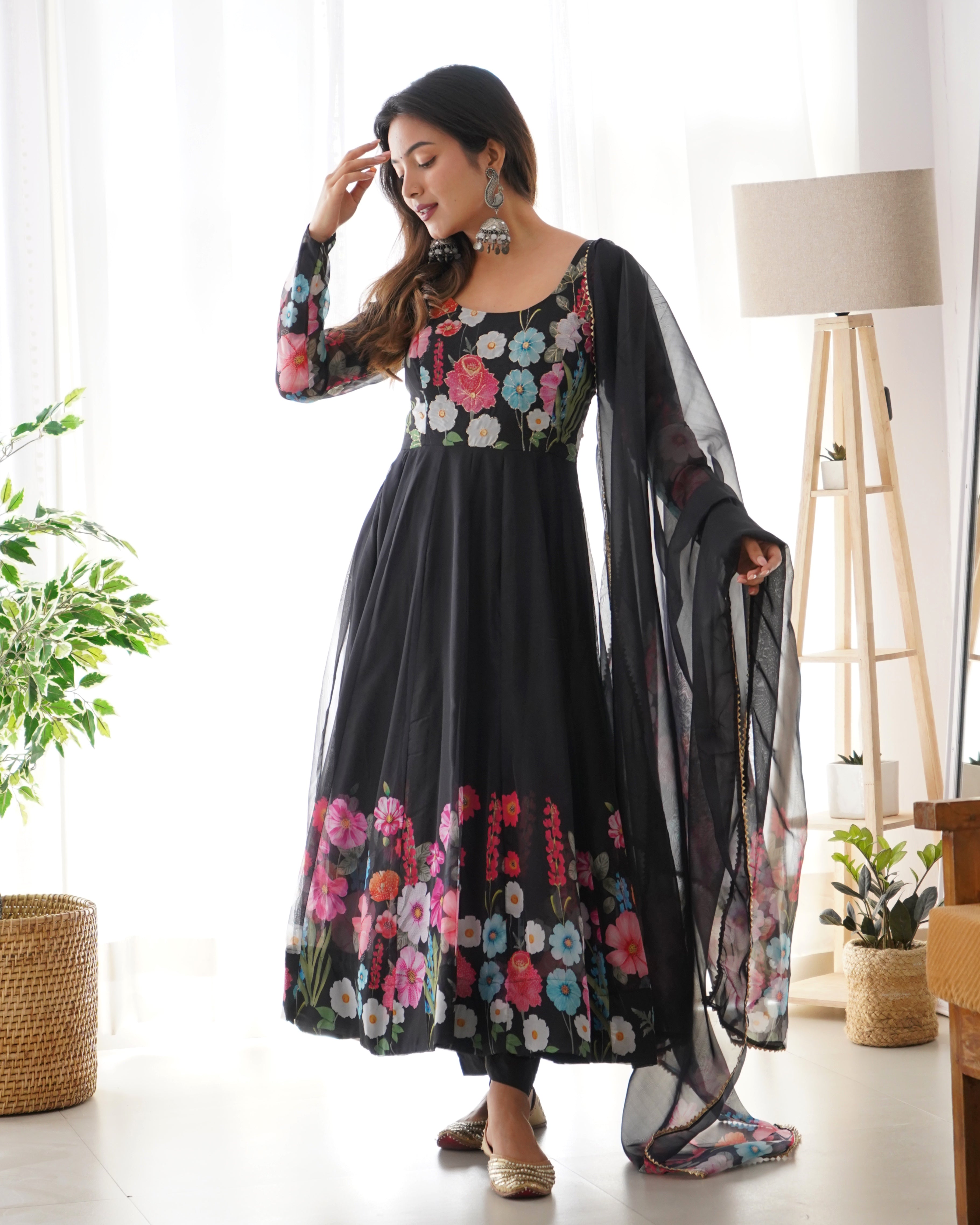 Flower Black Printed Anarkali Gown With Pant & Dupatta Set