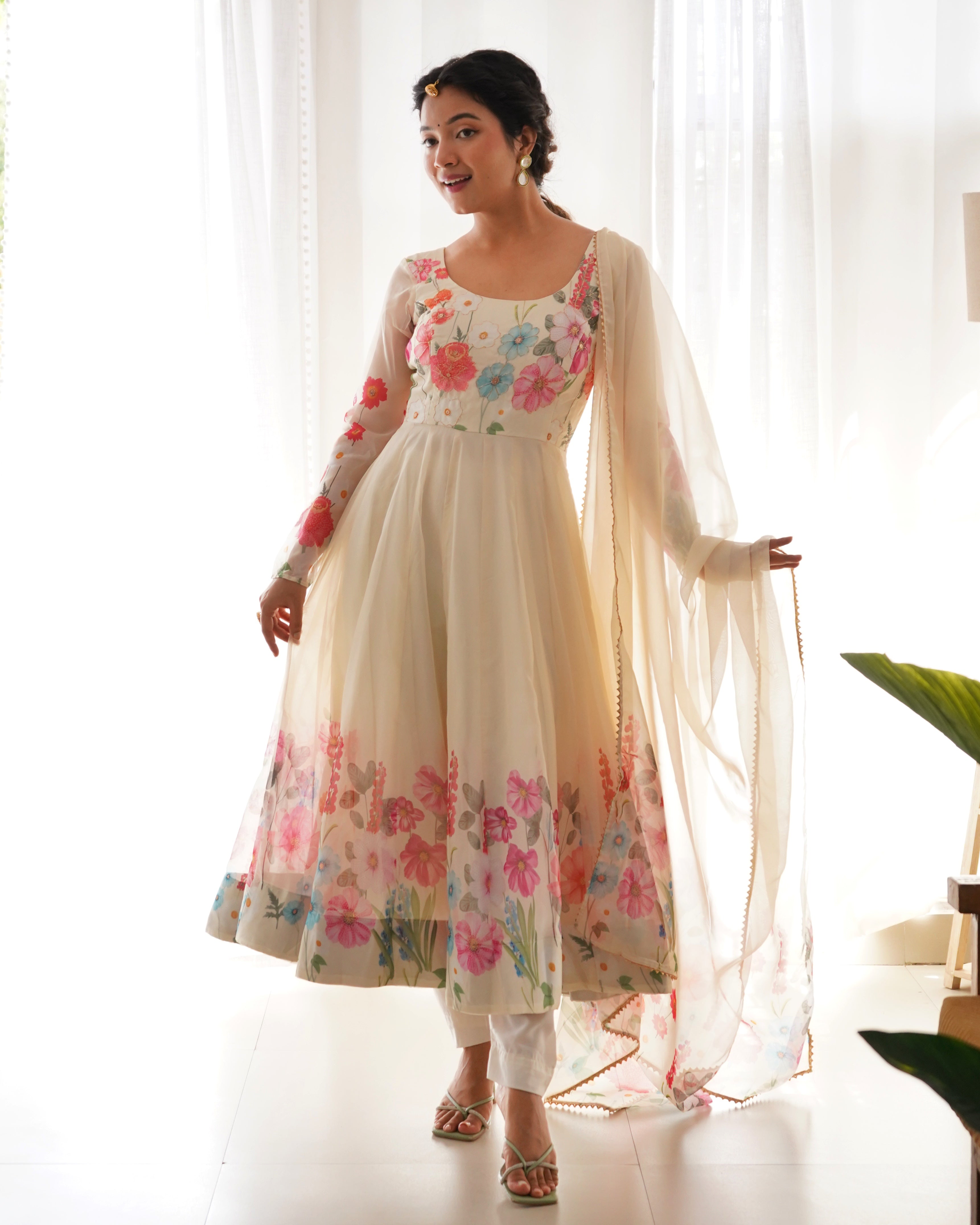 Cream Flower Printed Anarkali Gown With Pant & Dupatta Set