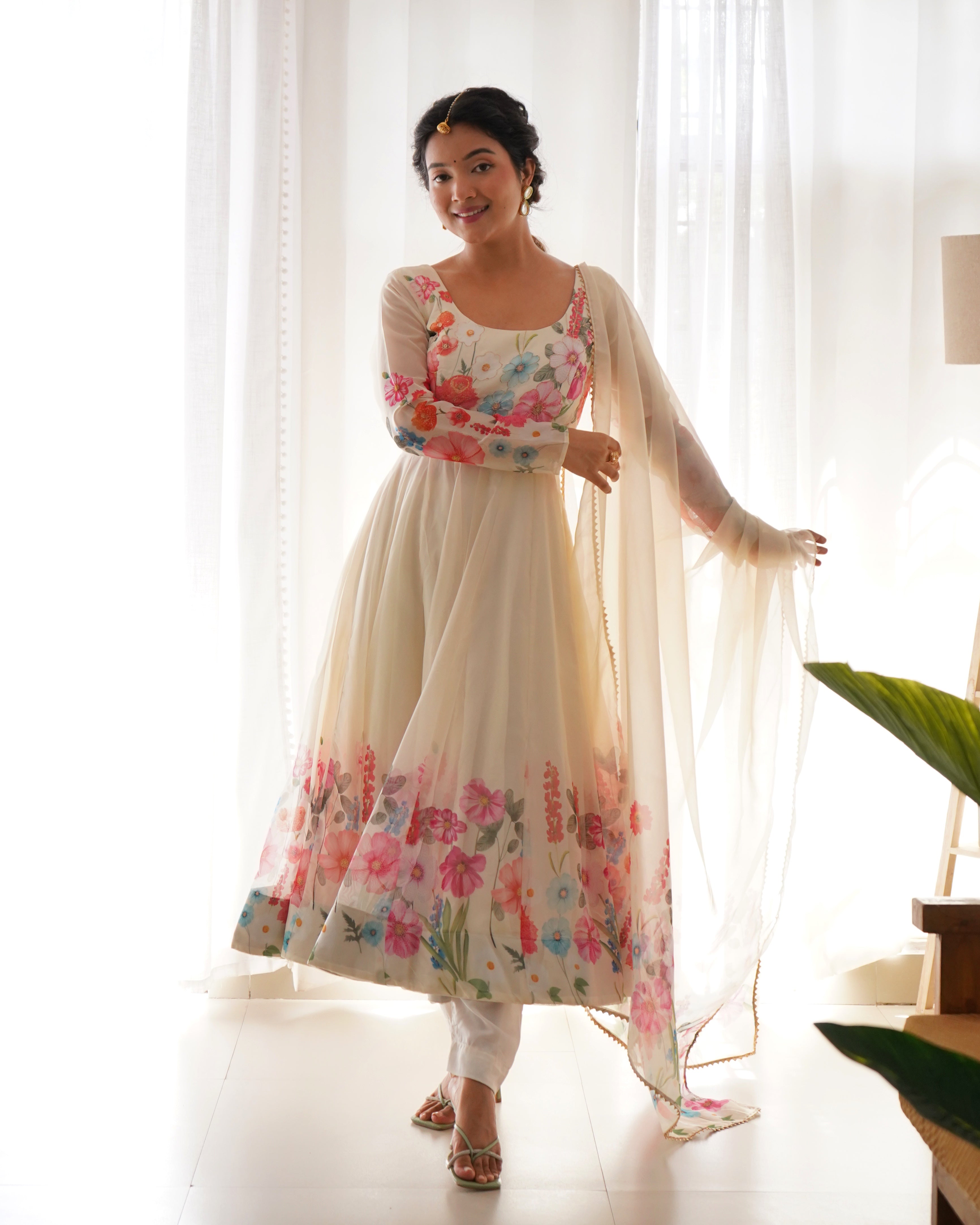 Cream Flower Printed Anarkali Gown With Pant & Dupatta Set