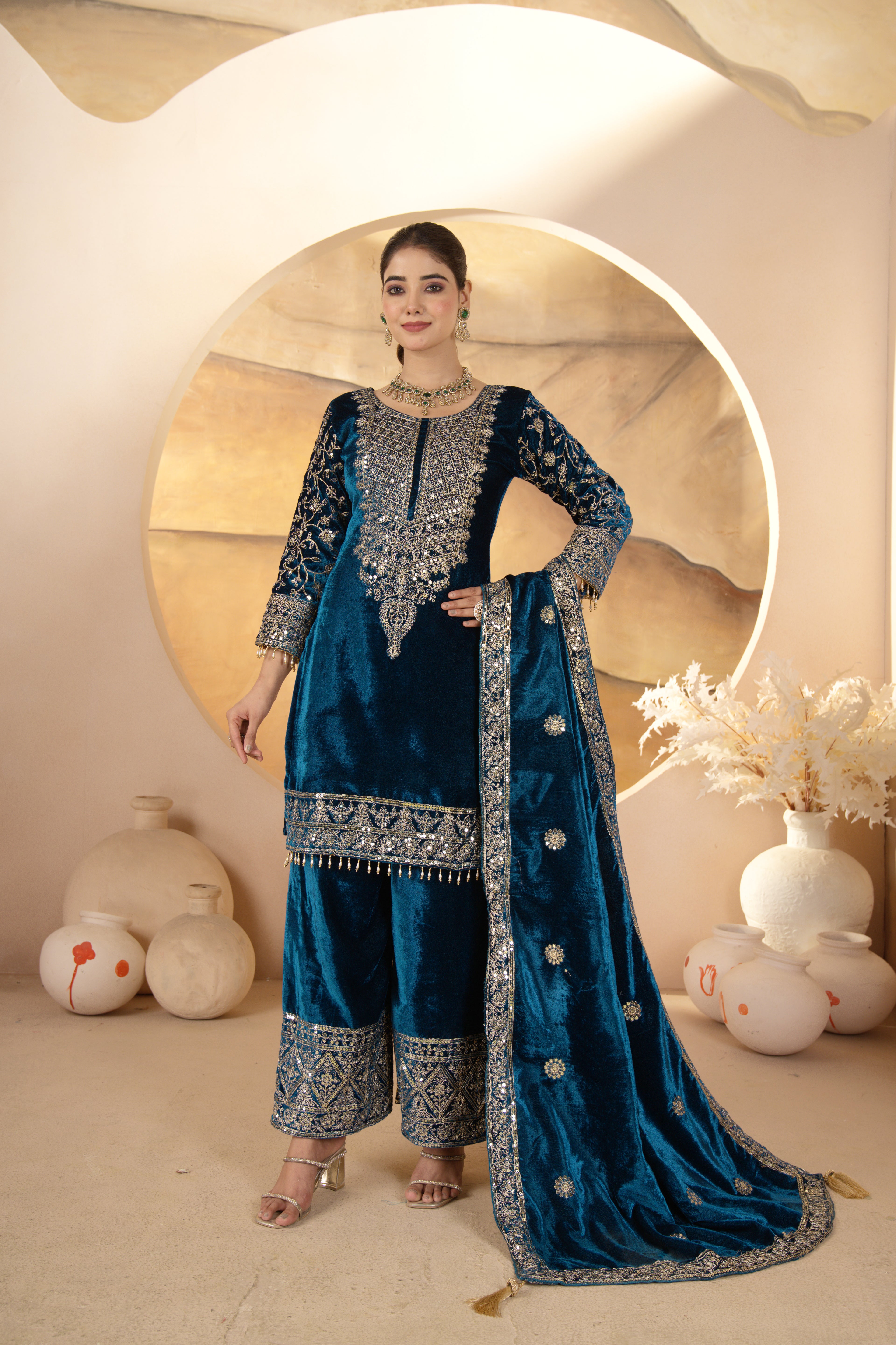 Royal Velvet Embroidered Festive Suit Set