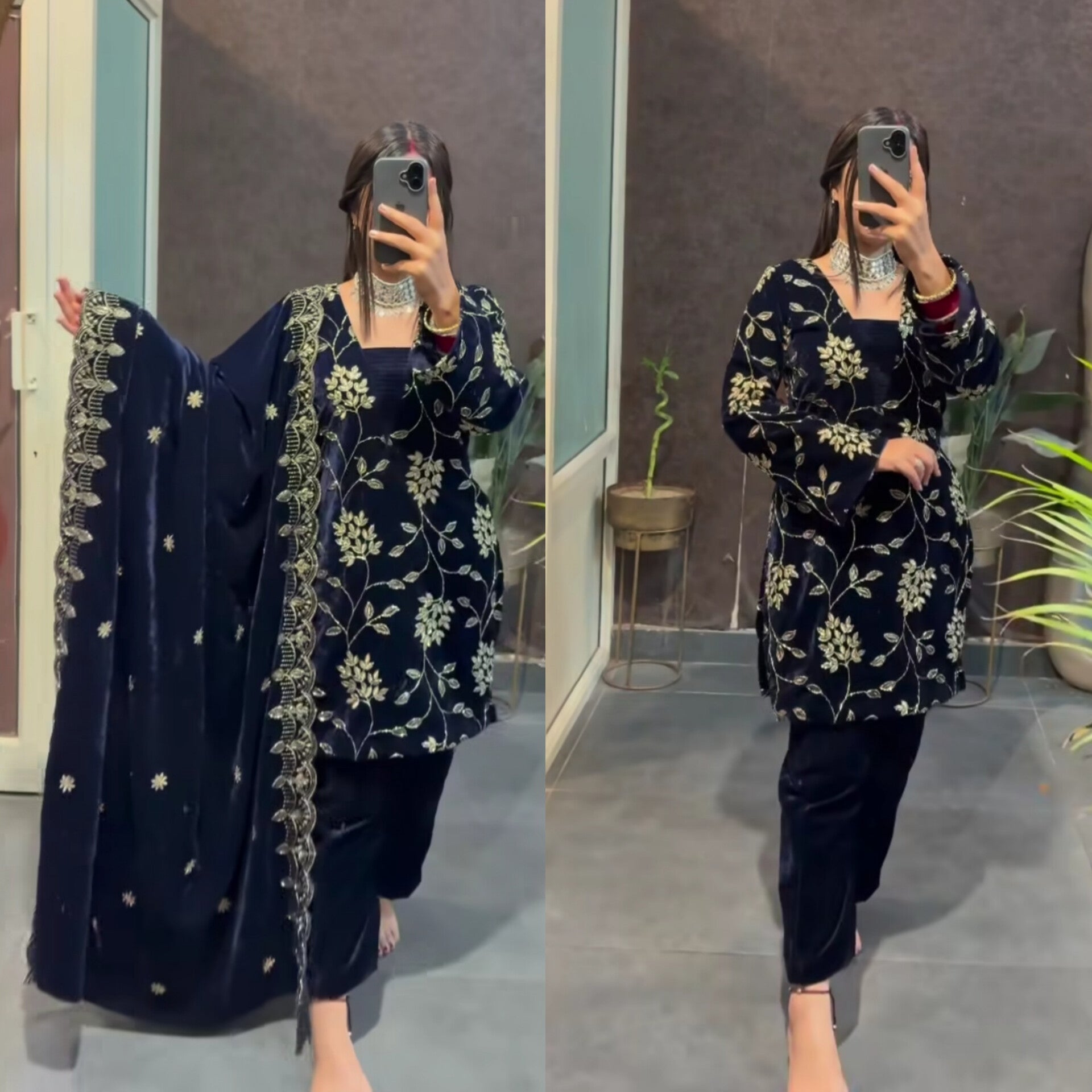 Midnight Velvet Ensemble with Golden Embroidery