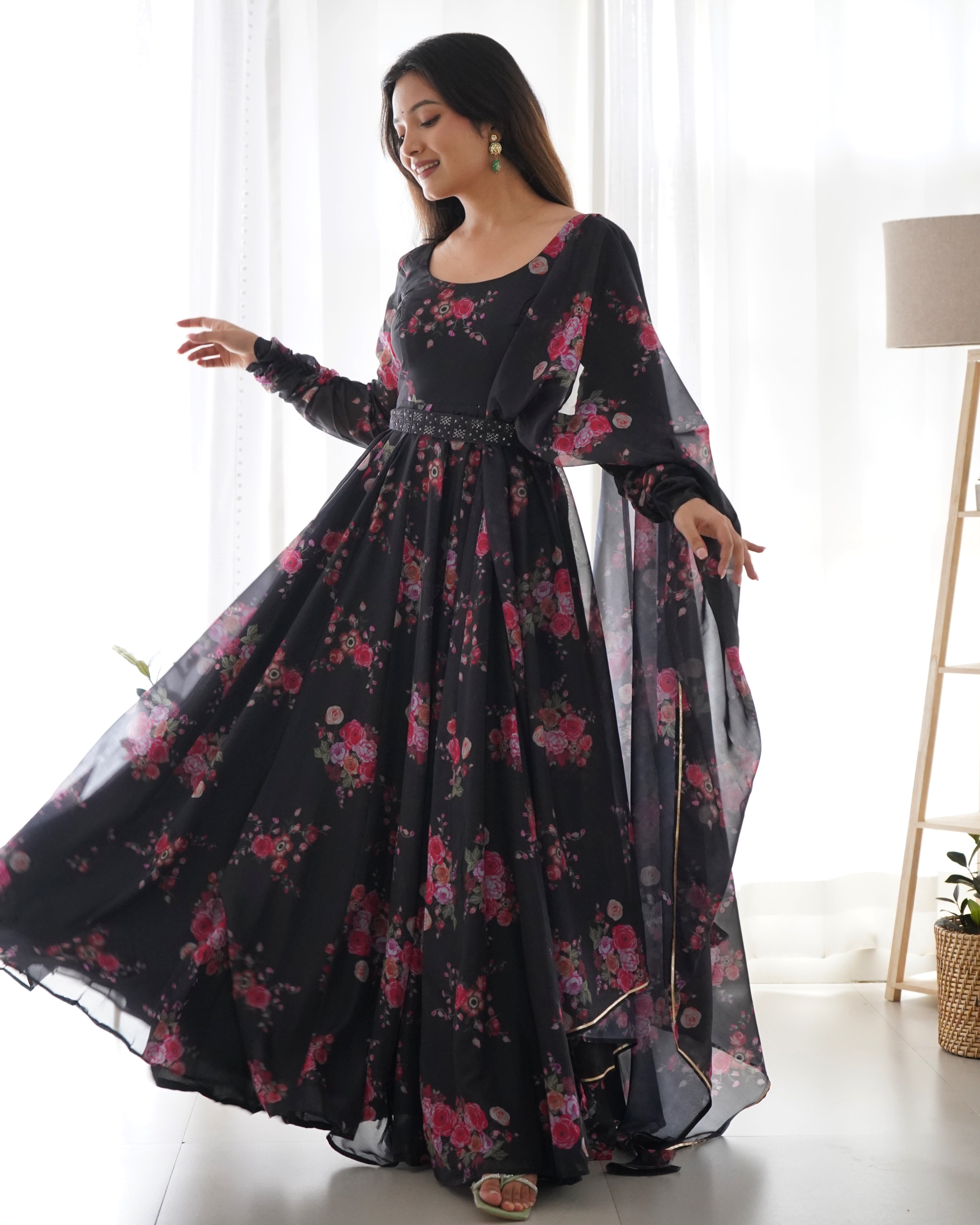 Black Organza Printed Anarkali Kurti With Pant and Dupatta Set