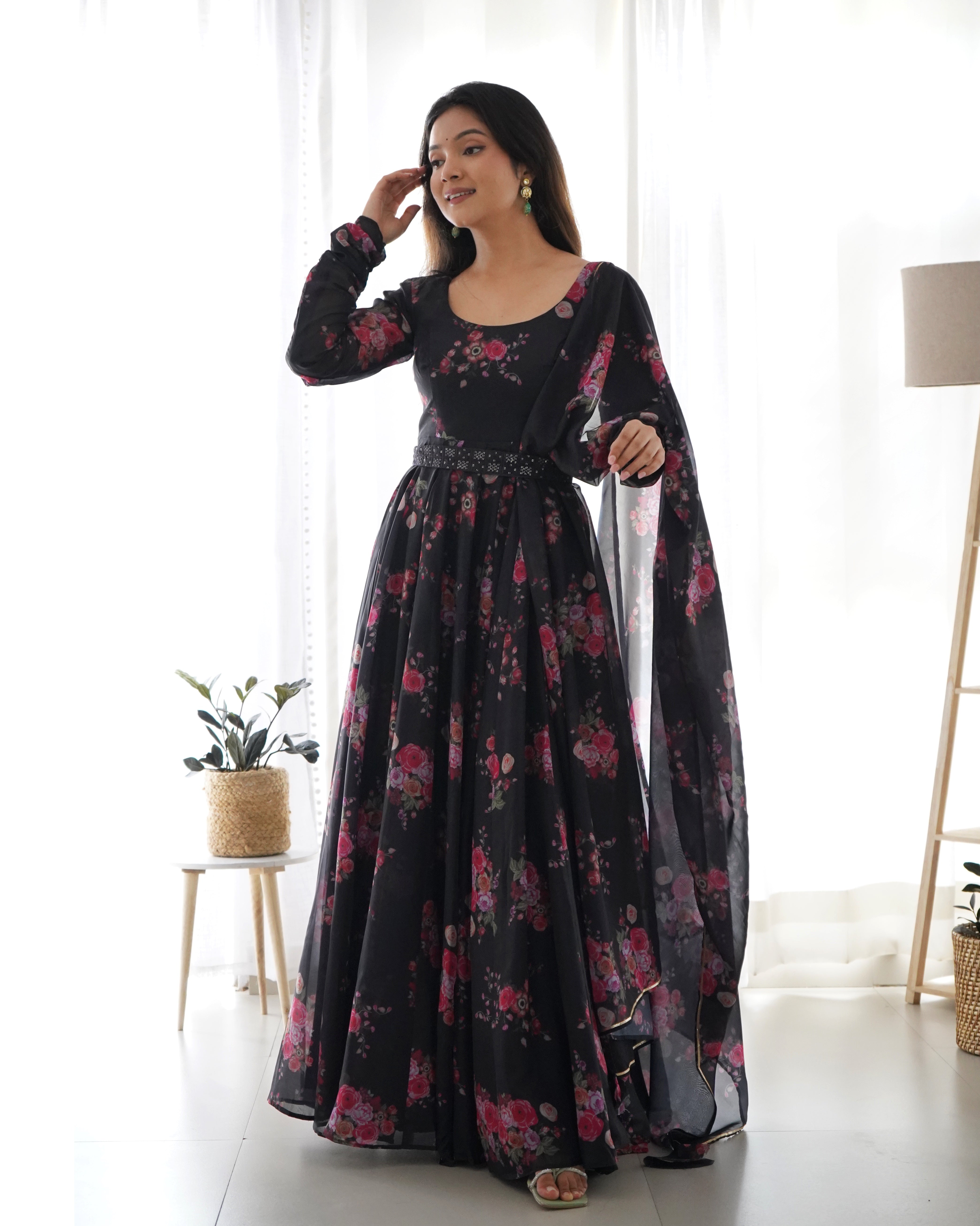 Black Organza Printed Anarkali Kurti With Pant and Dupatta Set