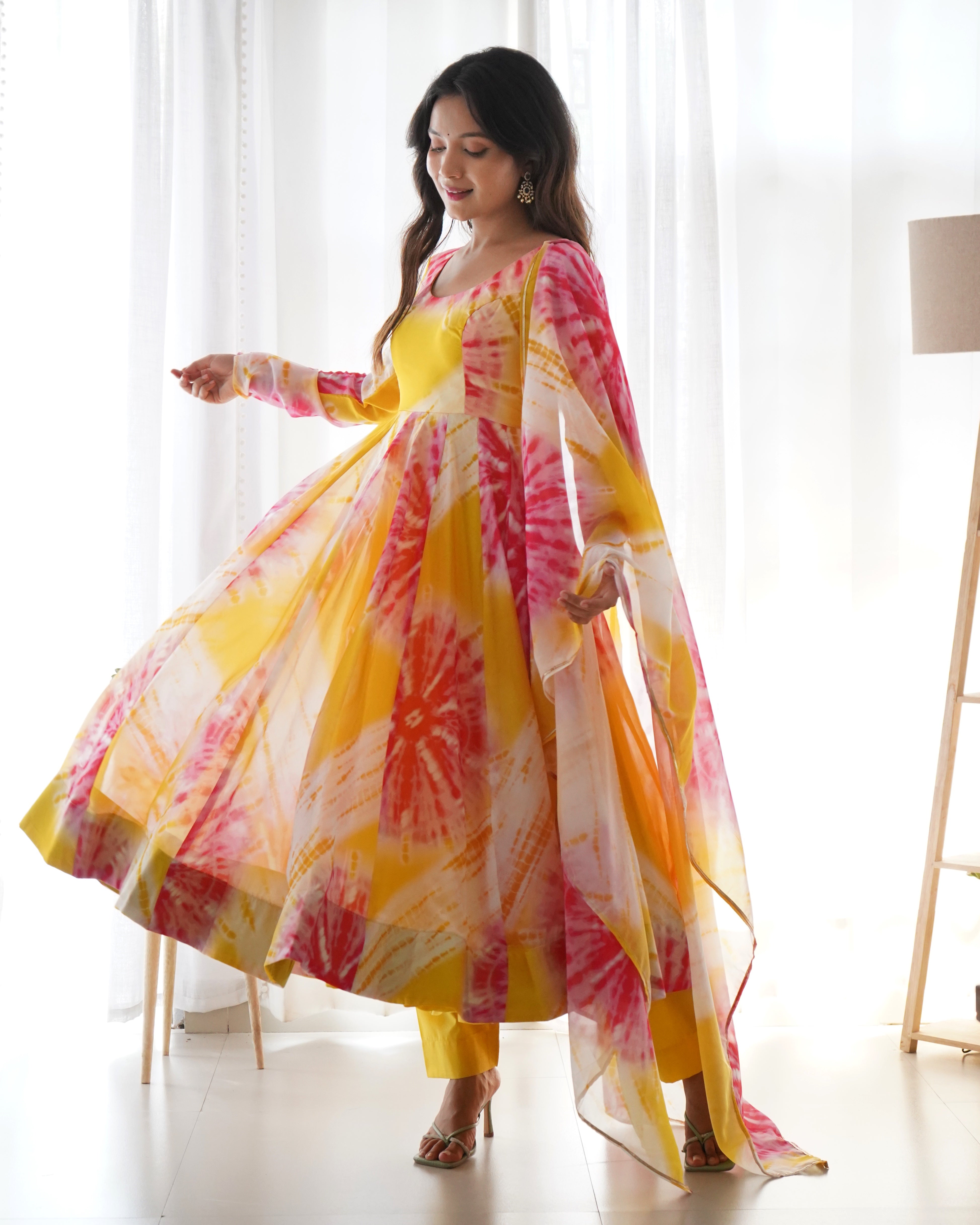 Yellow Organza Printed Anarkali Kurti With Pant & Dupatta Set