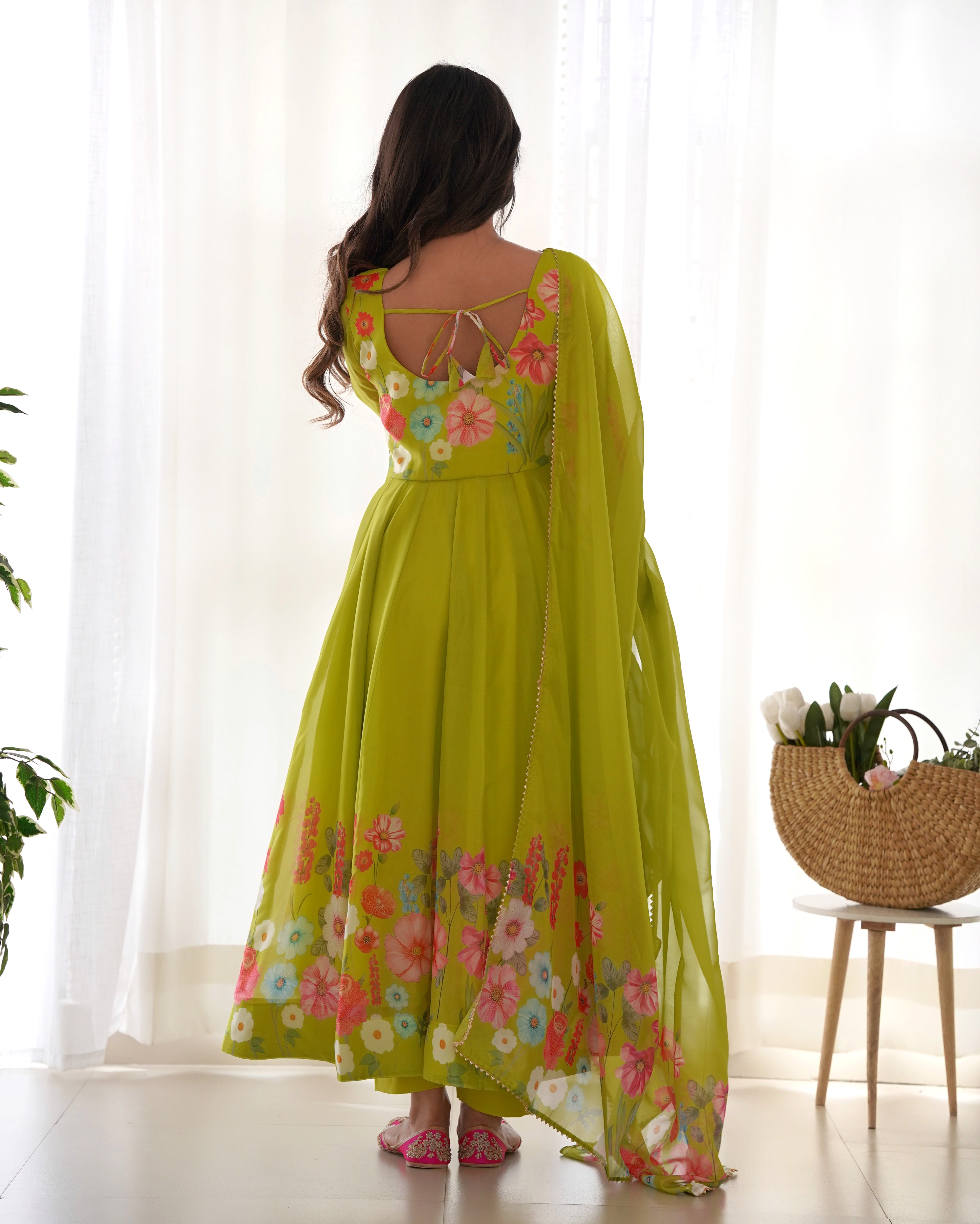 Flower Green Printed Anarkali Gown With Pant & Dupatta Set