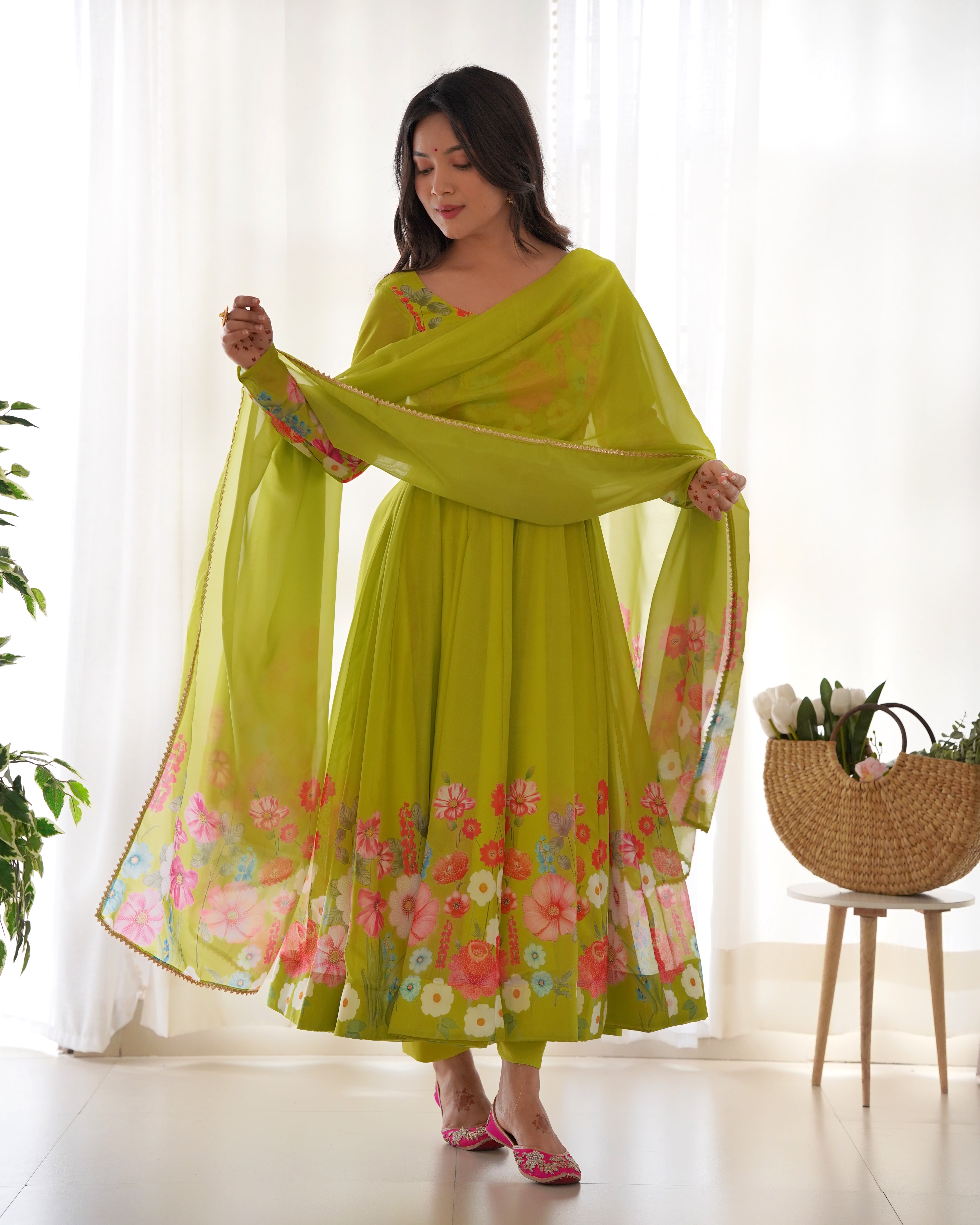 Flower Green Printed Anarkali Gown With Pant & Dupatta Set