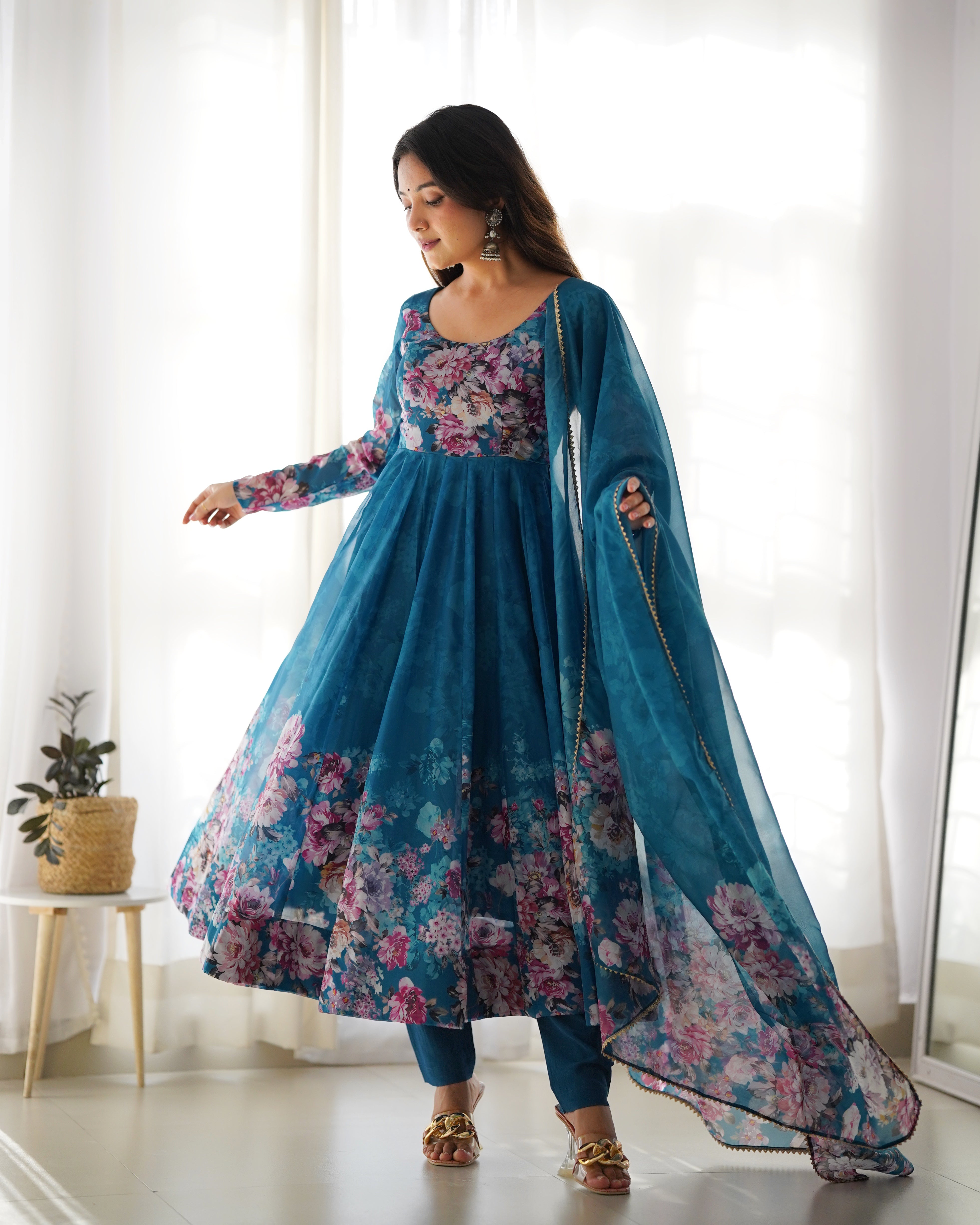 Blue Flower Printed Anarkali Kurti With Pant & Dupatta Set