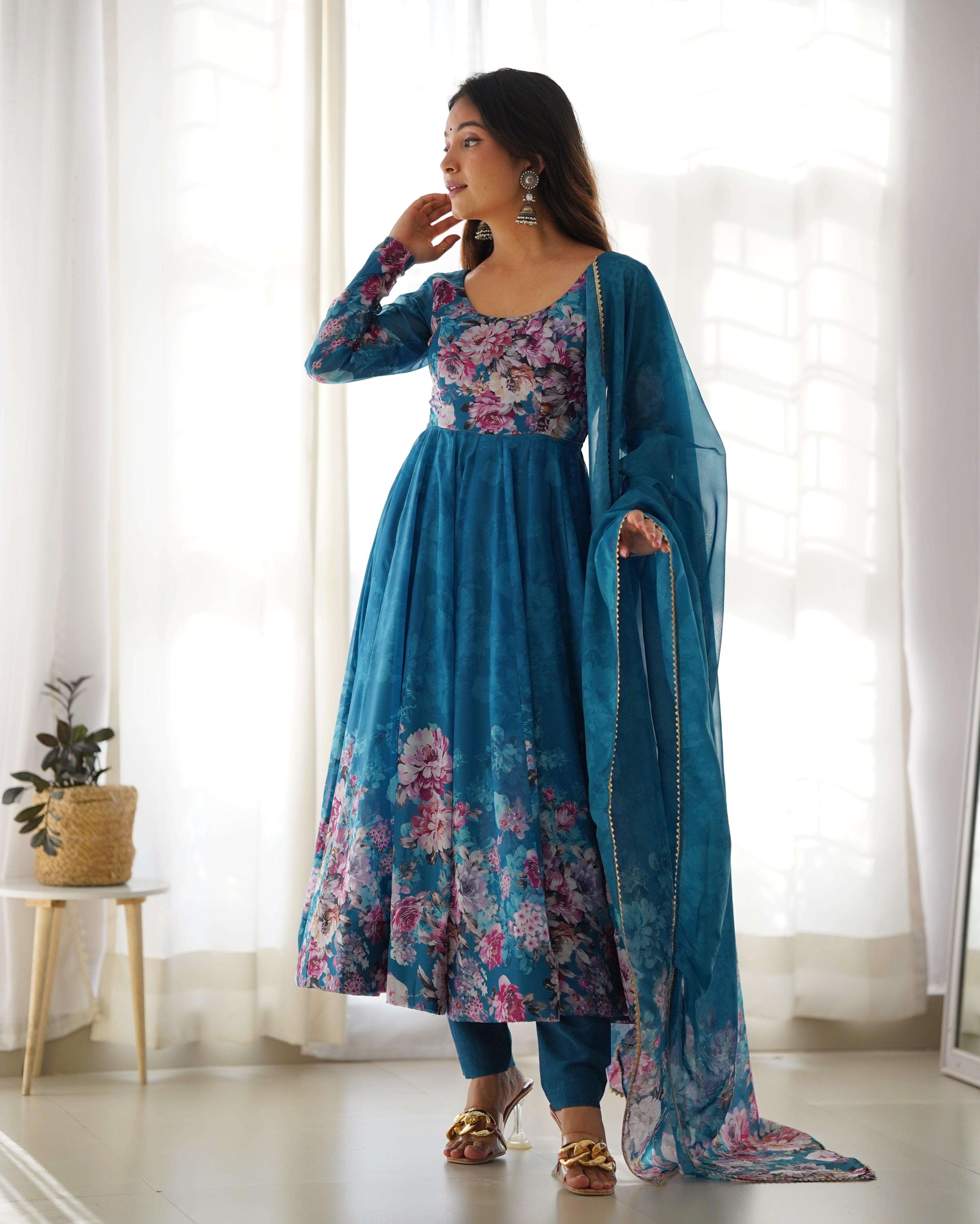 Blue Flower Printed Anarkali Kurti With Pant & Dupatta Set