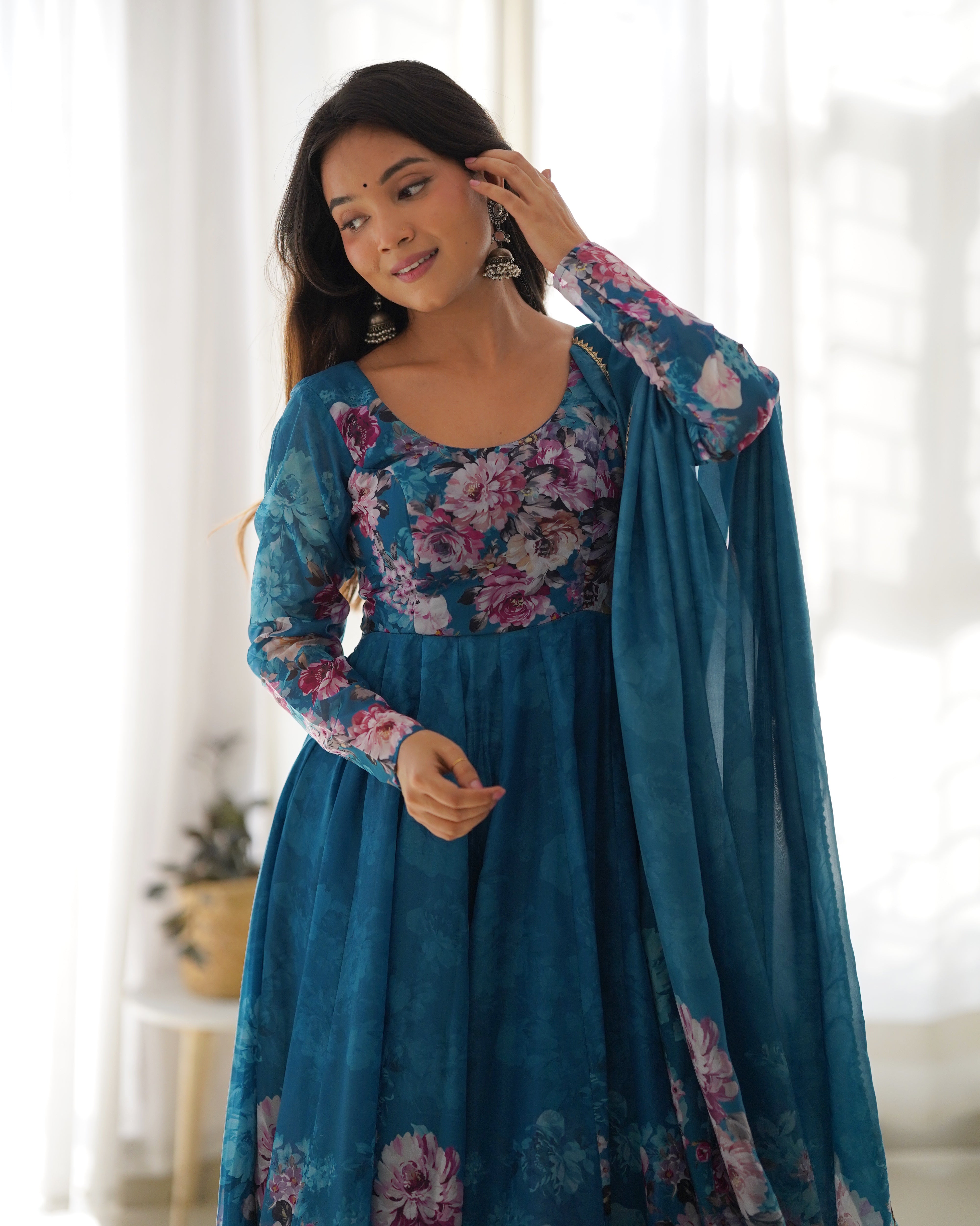 Blue Flower Printed Anarkali Kurti With Pant & Dupatta Set