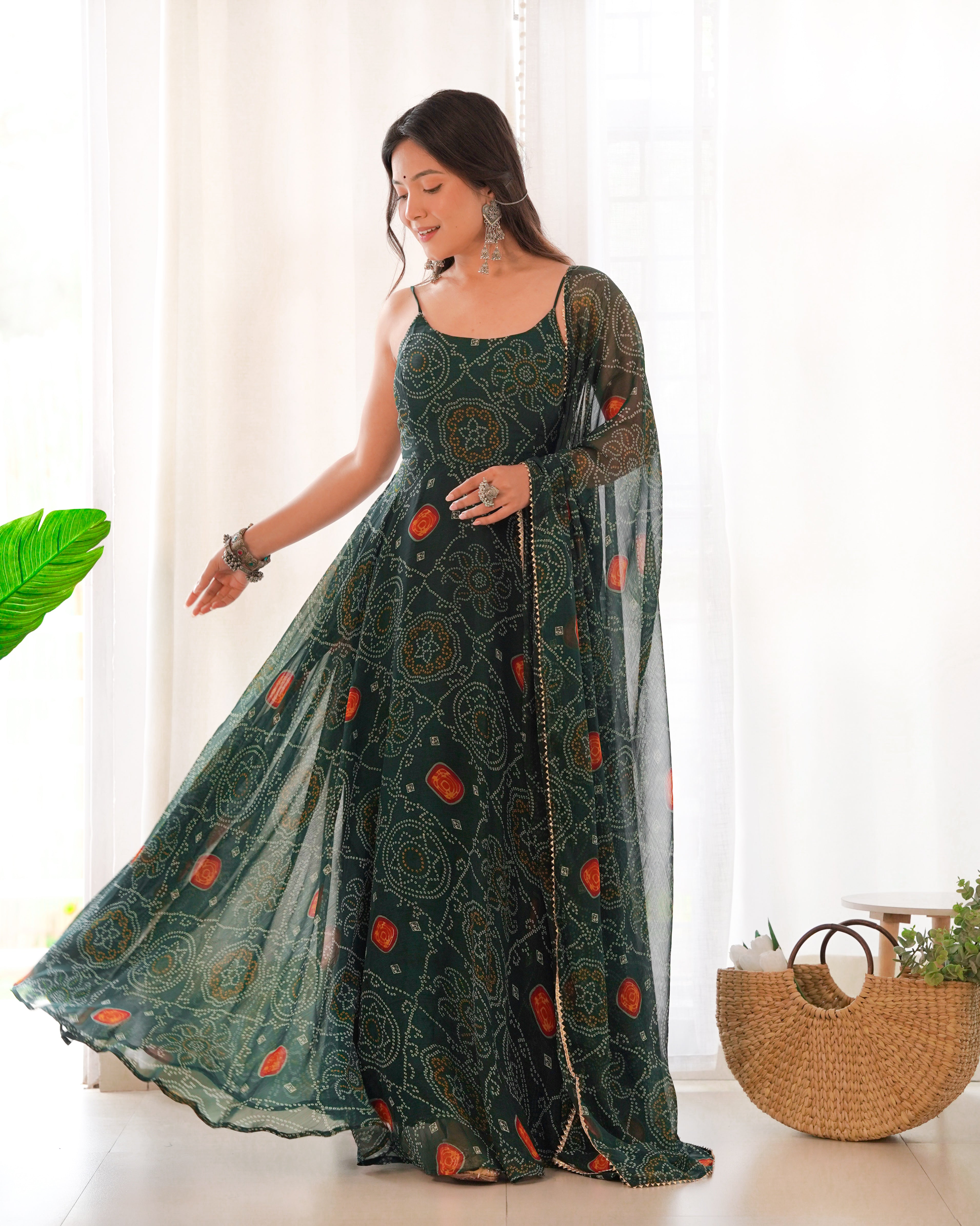 Bandhej Green Chiffon Printed Gown With Pant & Dupatta Set