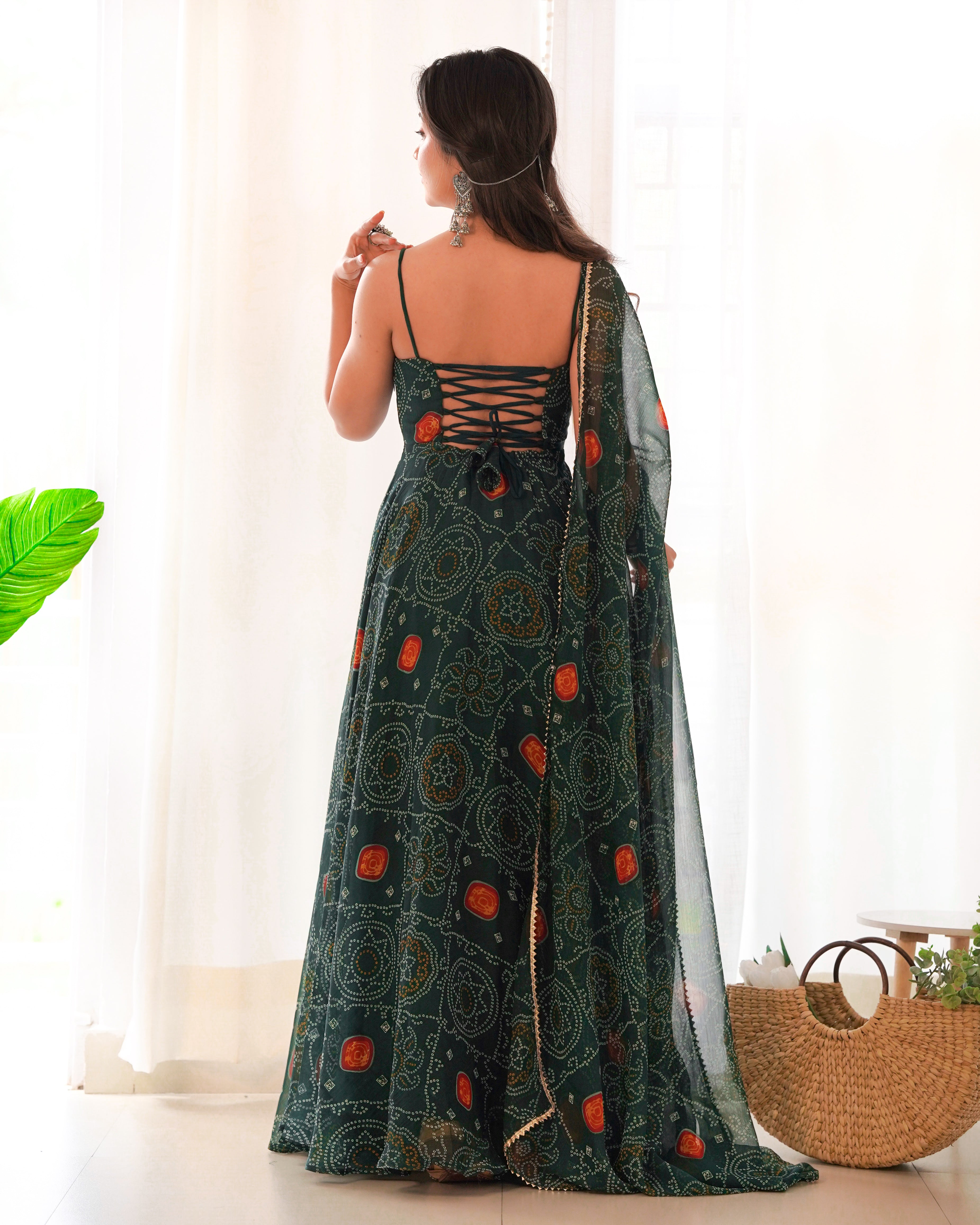 Bandhej Green Chiffon Printed Gown With Pant & Dupatta Set