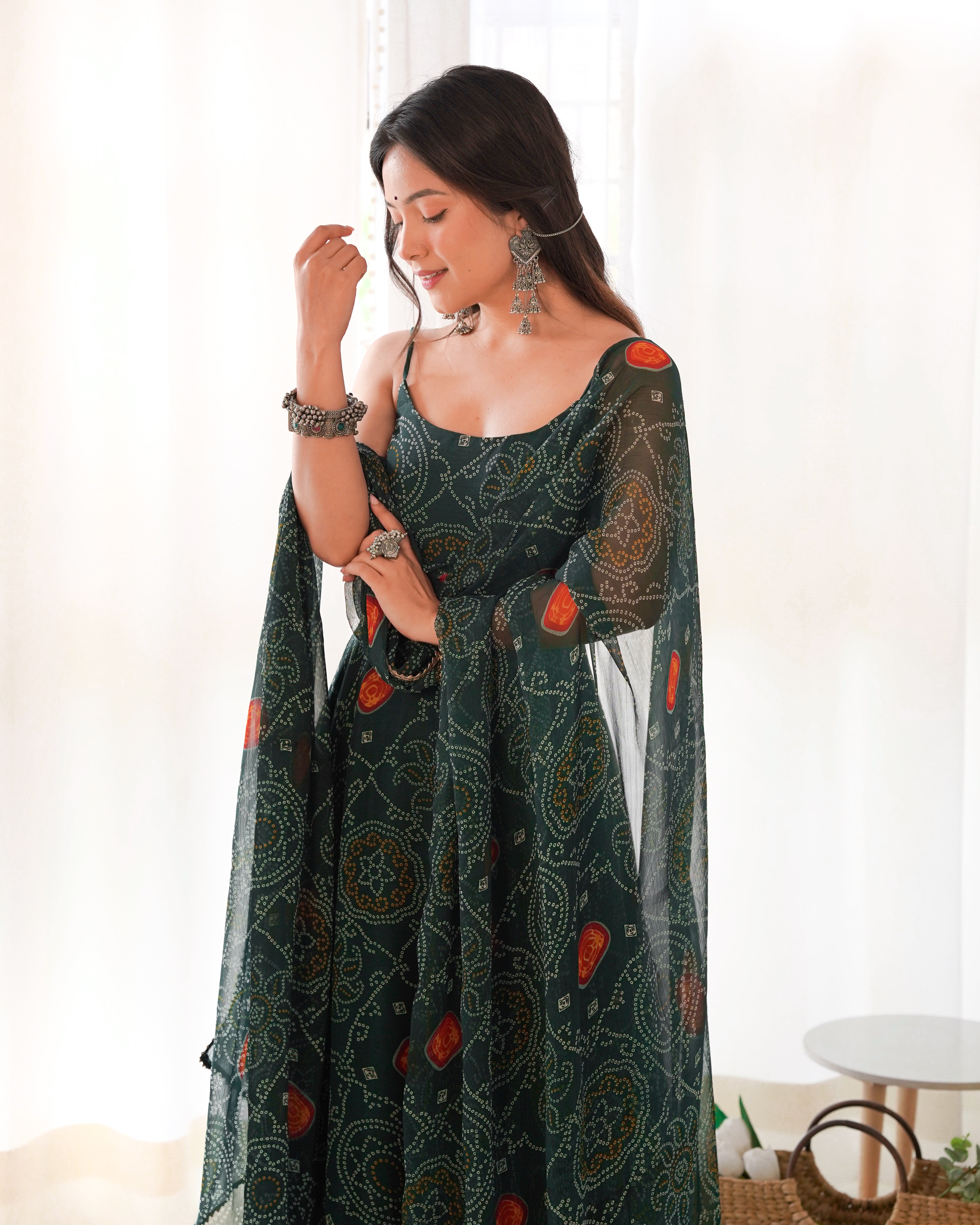 Bandhej Green Chiffon Printed Gown With Pant & Dupatta Set