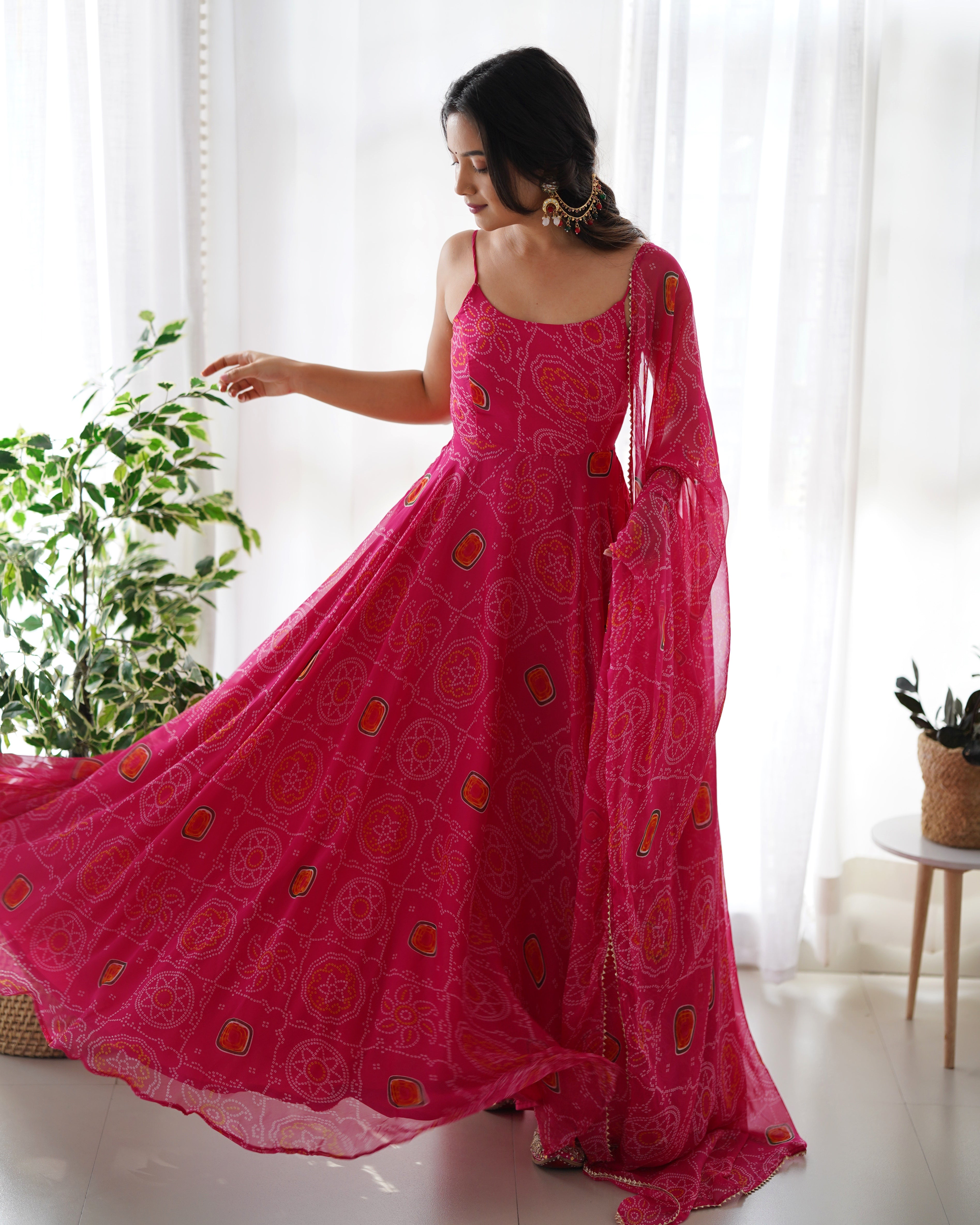 Bandhej Pink Chiffon Printed Gown With Pant & Dupatta Set