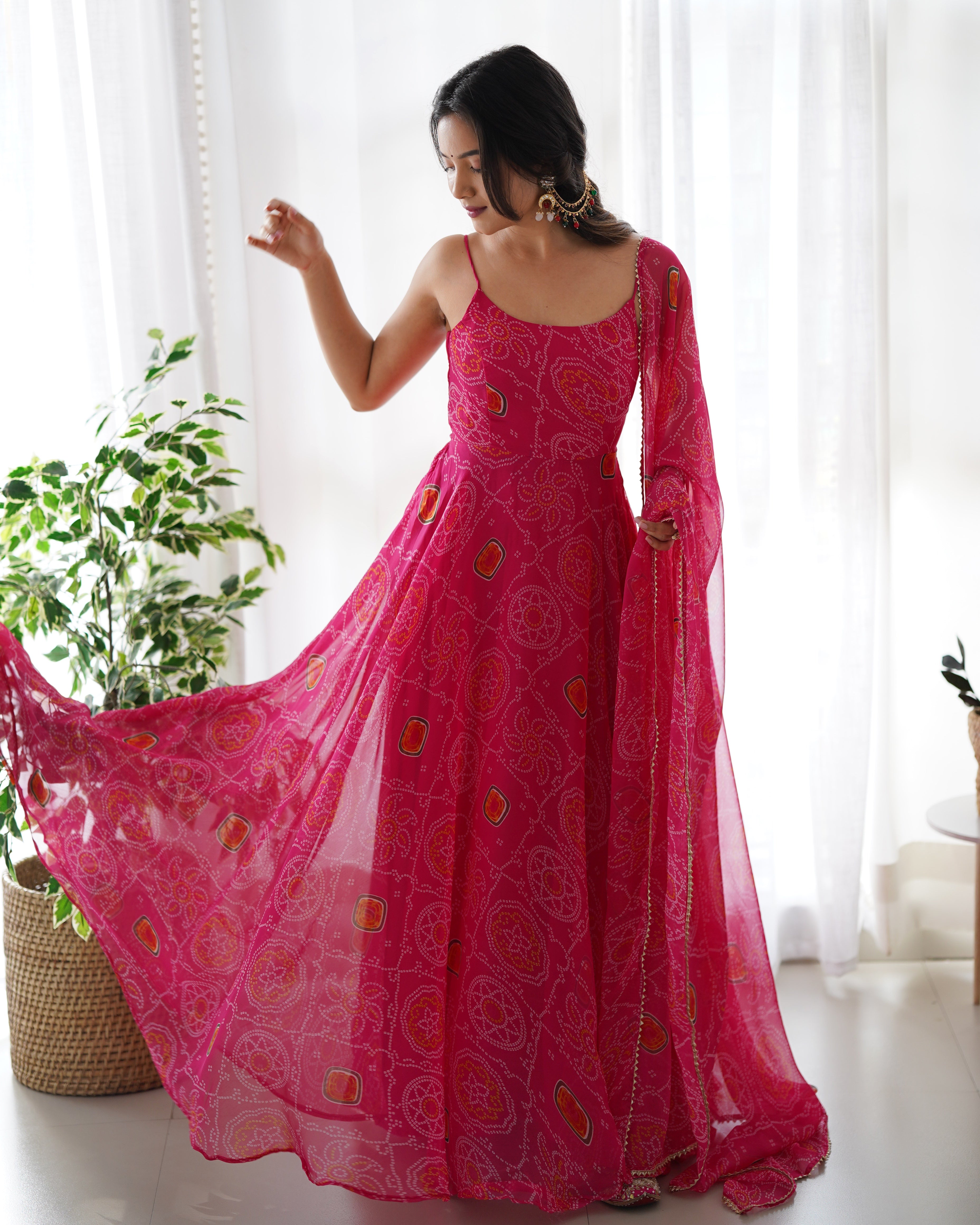 Bandhej Pink Chiffon Printed Gown With Pant & Dupatta Set