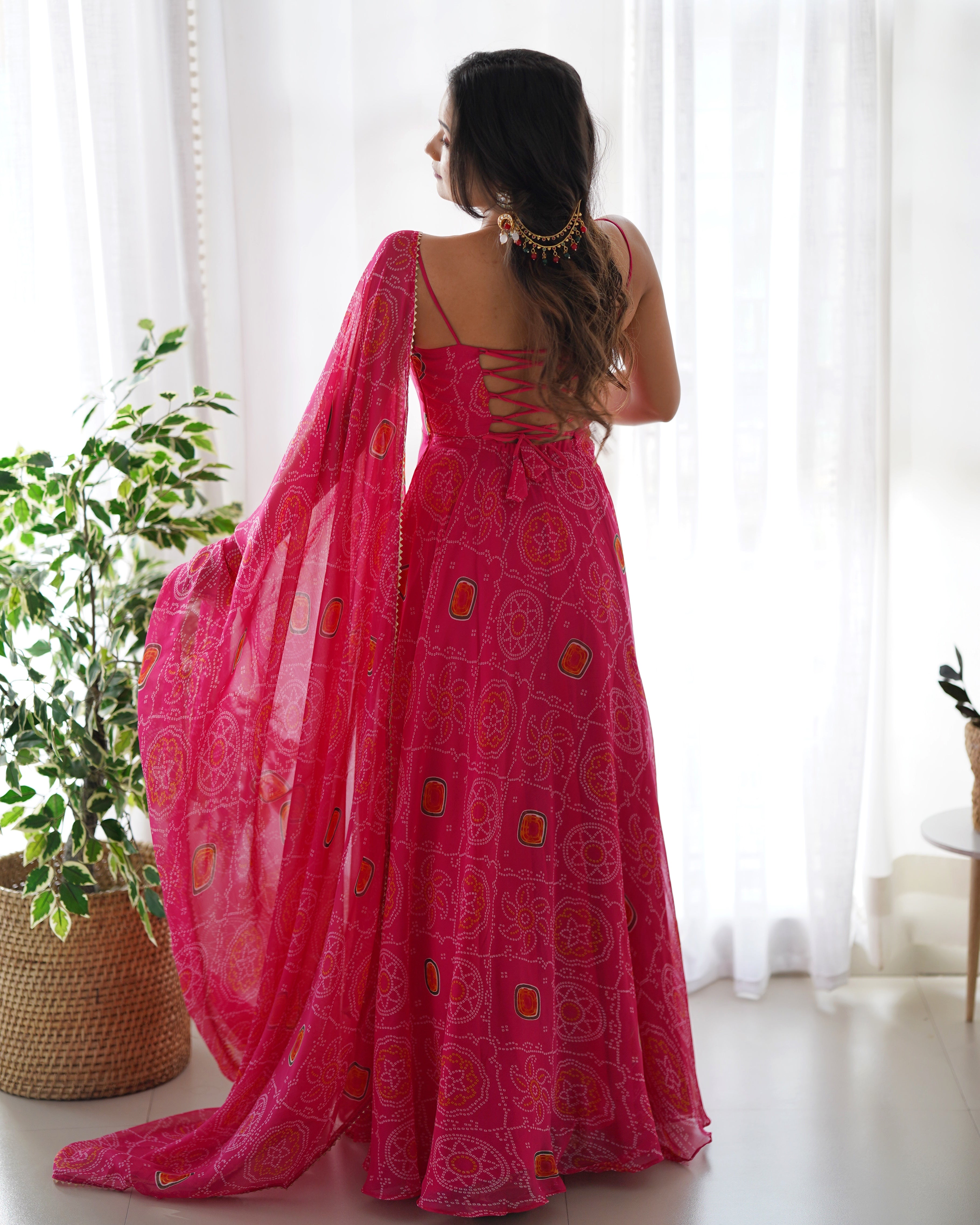 Bandhej Pink Chiffon Printed Gown With Pant & Dupatta Set