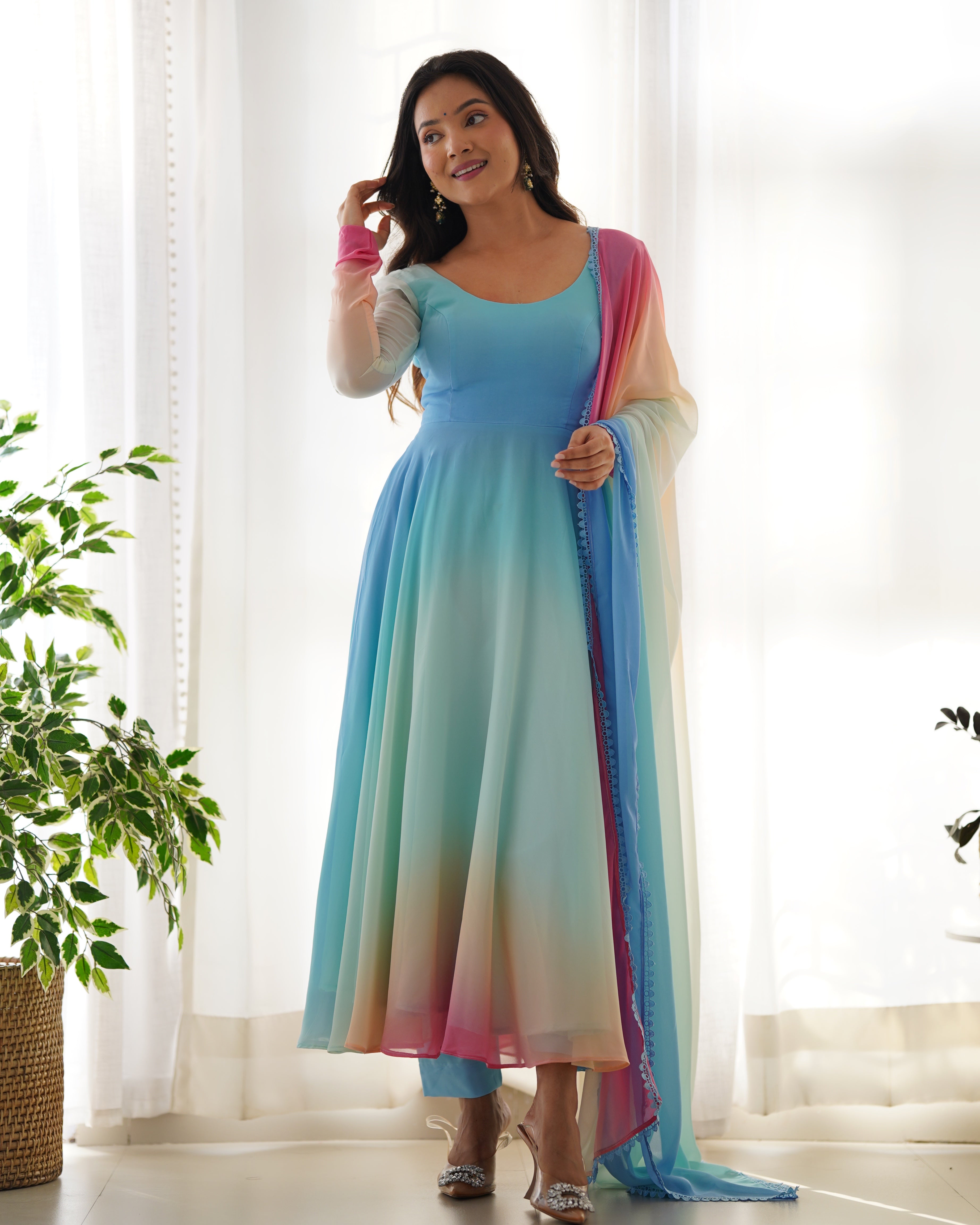 Sky Colored Organza Anarkali Gown With Pant & Dupatta Set