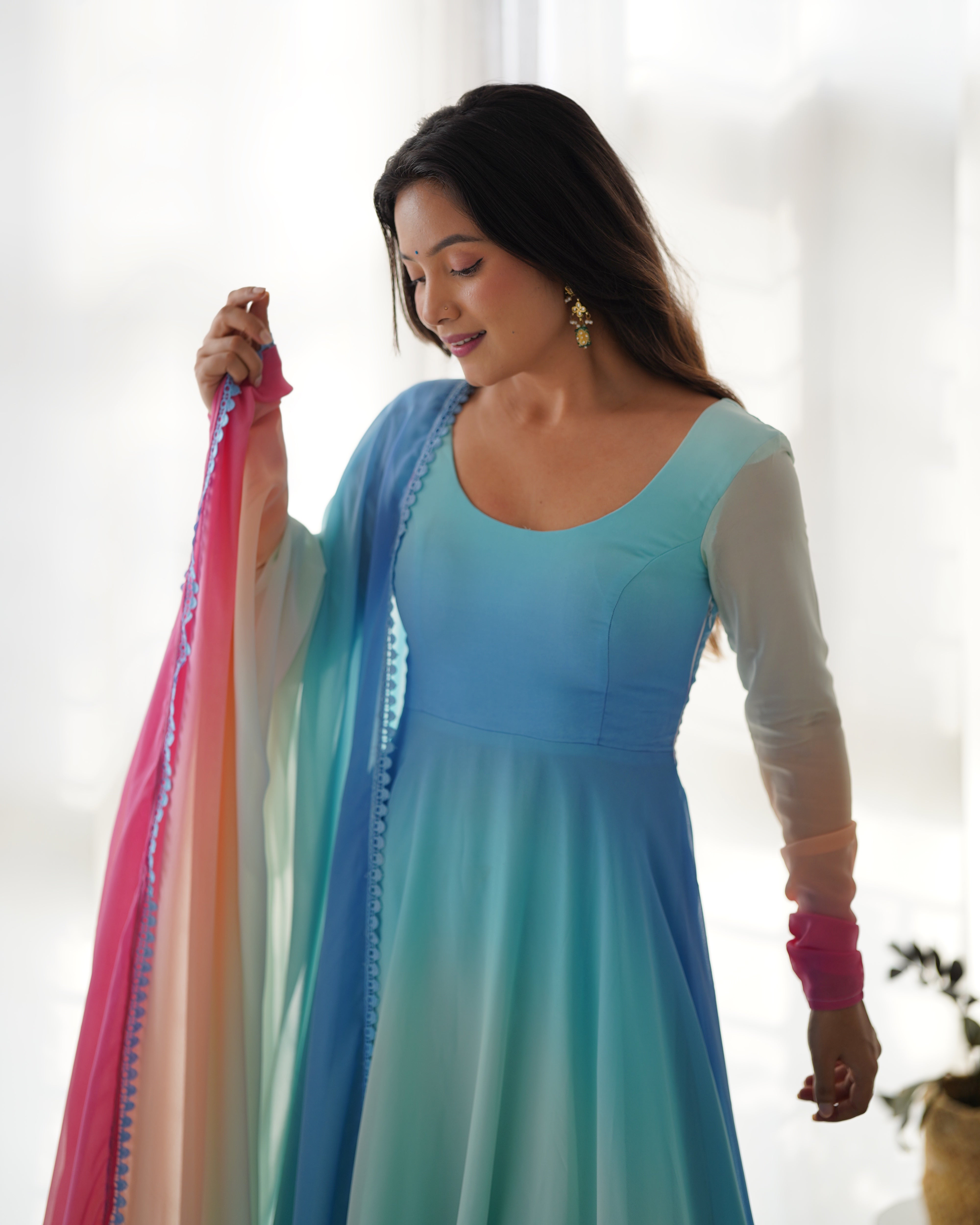 Sky Colored Organza Anarkali Gown With Pant & Dupatta Set