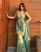 Embroidered Sleeveless Sharara Suit Set With Dupatta