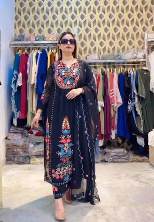 Multi Colored Heavy Embroidery Multi Needle Work Real Mirro Hand Work Suit Set