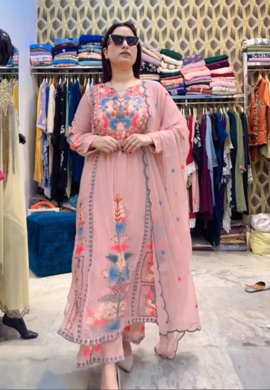 Multi Colored Heavy Embroidery Multi Needle Work Real Mirro Hand Work Suit Set