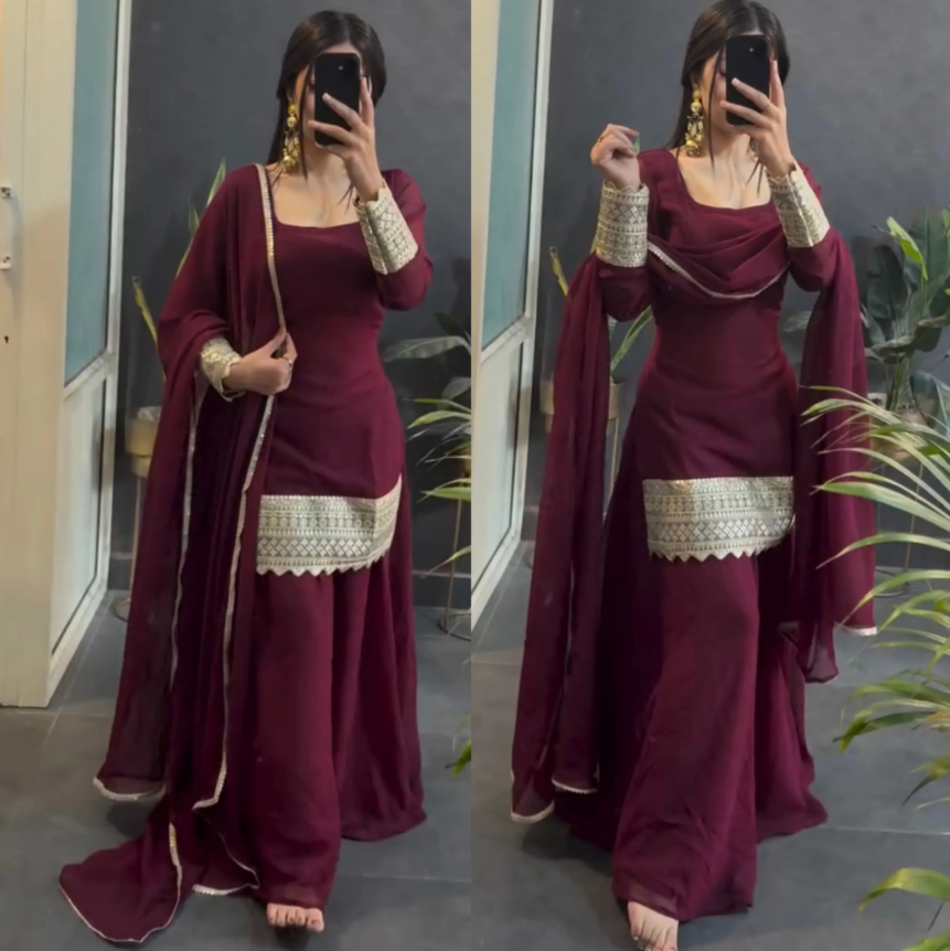 Maroon Garara Suit Heavy Star Georgette Silk Embroidery Work Sharara Suit