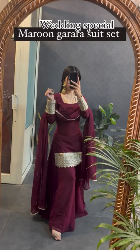 Maroon Garara Suit Heavy Star Georgette Silk Embroidery Work Sharara Suit